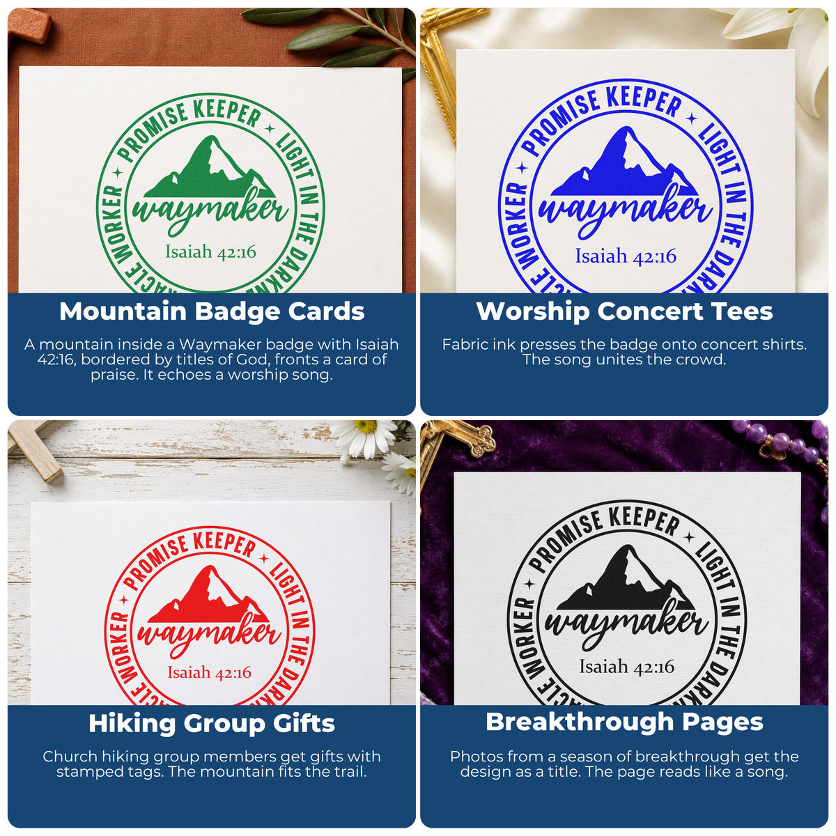 Four ways to use the Waymaker Mountain Badge Wood-Mounted Rubber Stamp: mountain badge cards, worship concert tees, hiking group gifts and breakthrough pages.
