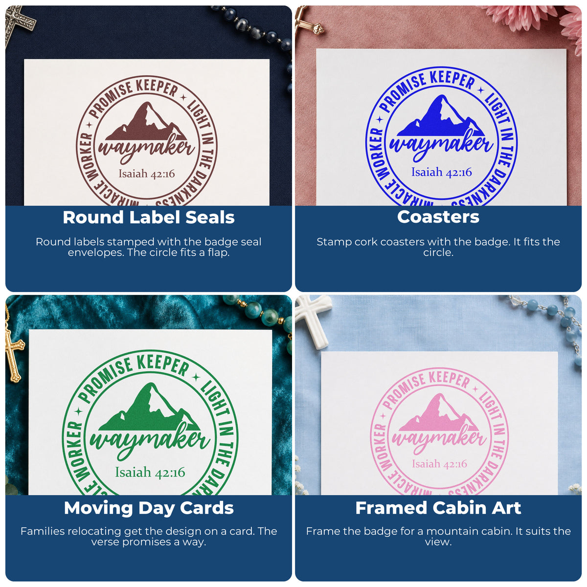 Four ways to use the Waymaker Mountain Badge Wood-Mounted Rubber Stamp: round label seals, coasters, moving day cards and framed cabin art.