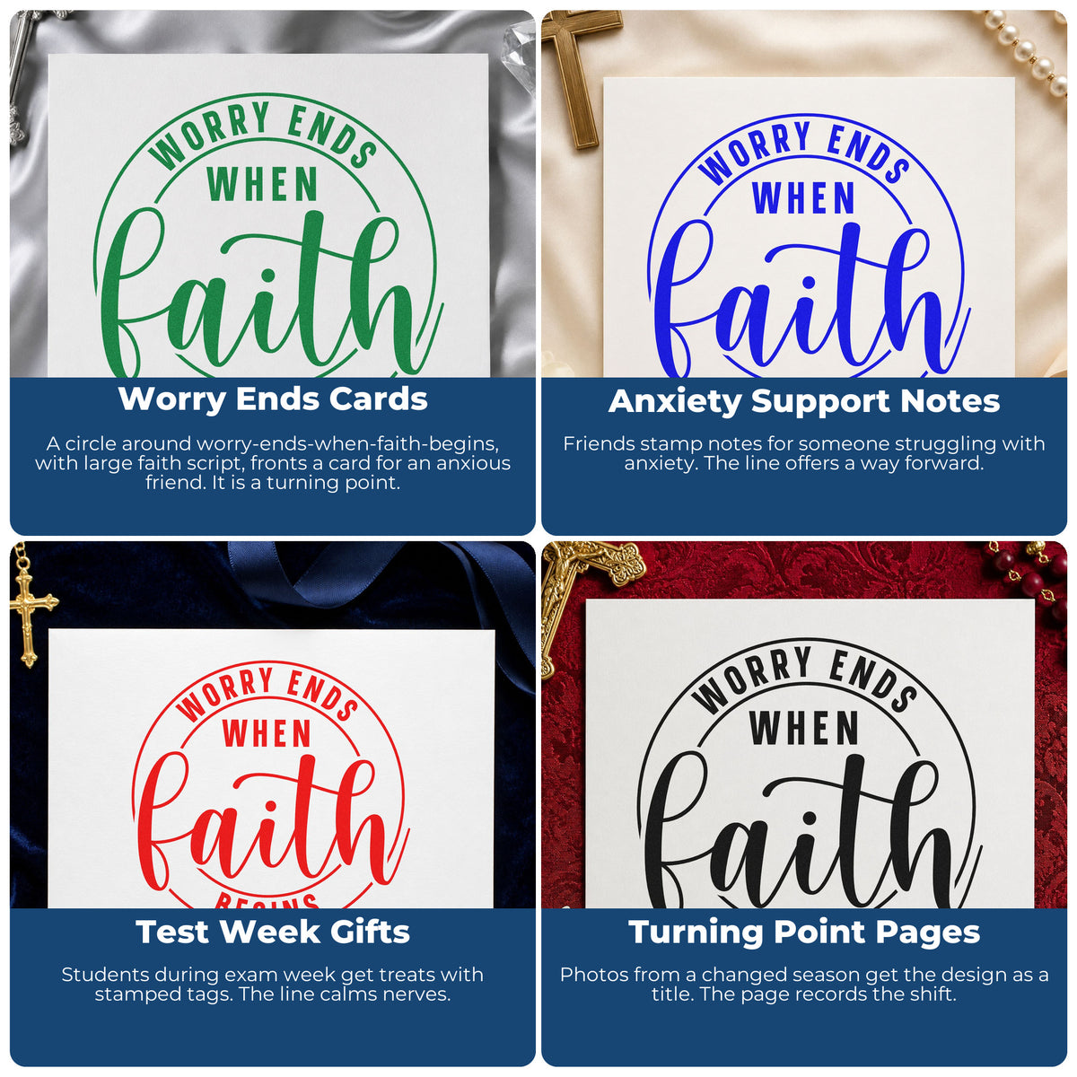 Four ways to use the Self-Inking Worry Ends When Faith Begins Circular Layout Stamp: worry ends cards, anxiety support notes, test week gifts and turning point pages.