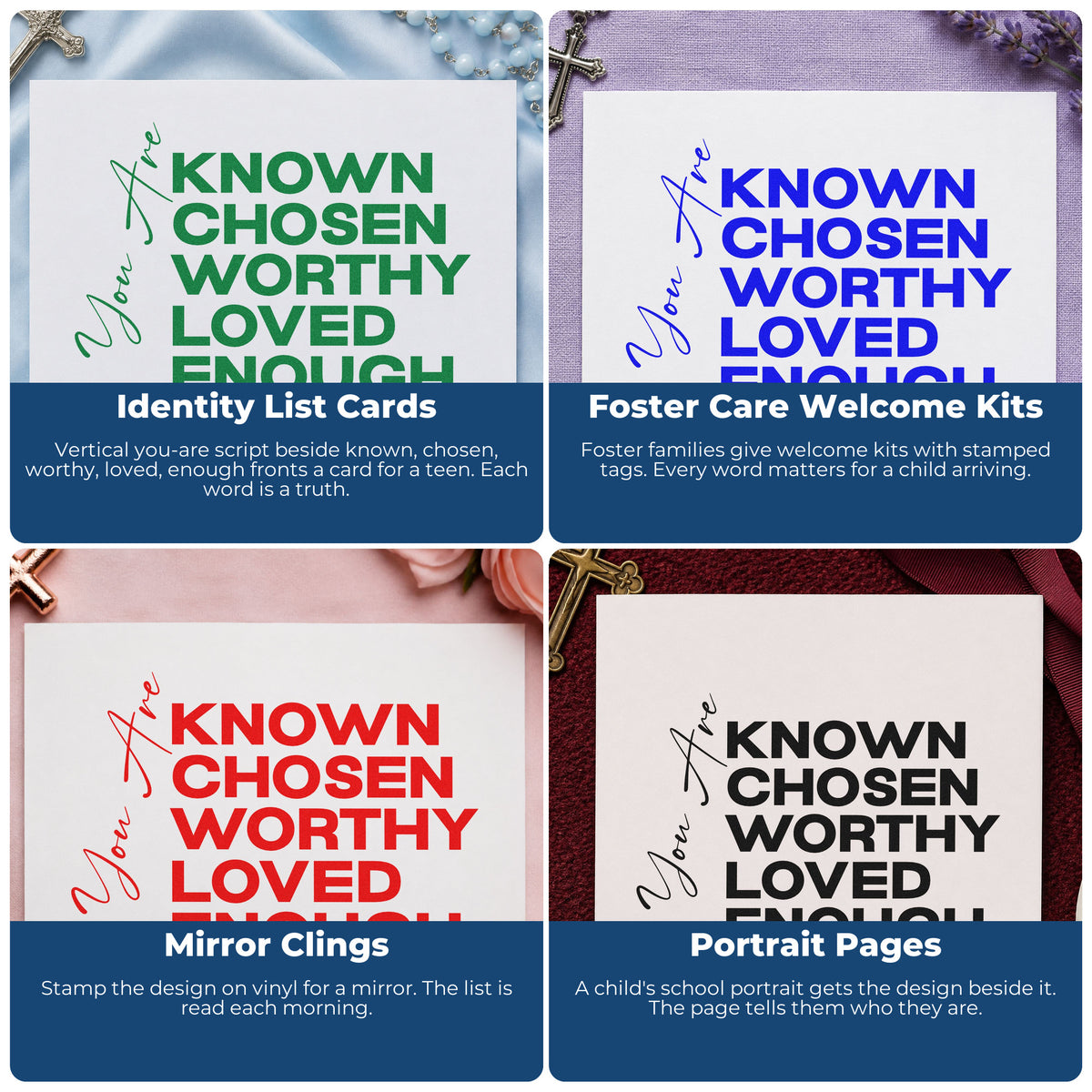 Four ways to use the You Are Known And Loved Hand Stamp – Duo: identity list cards, foster care welcome kits, mirror clings and portrait pages.