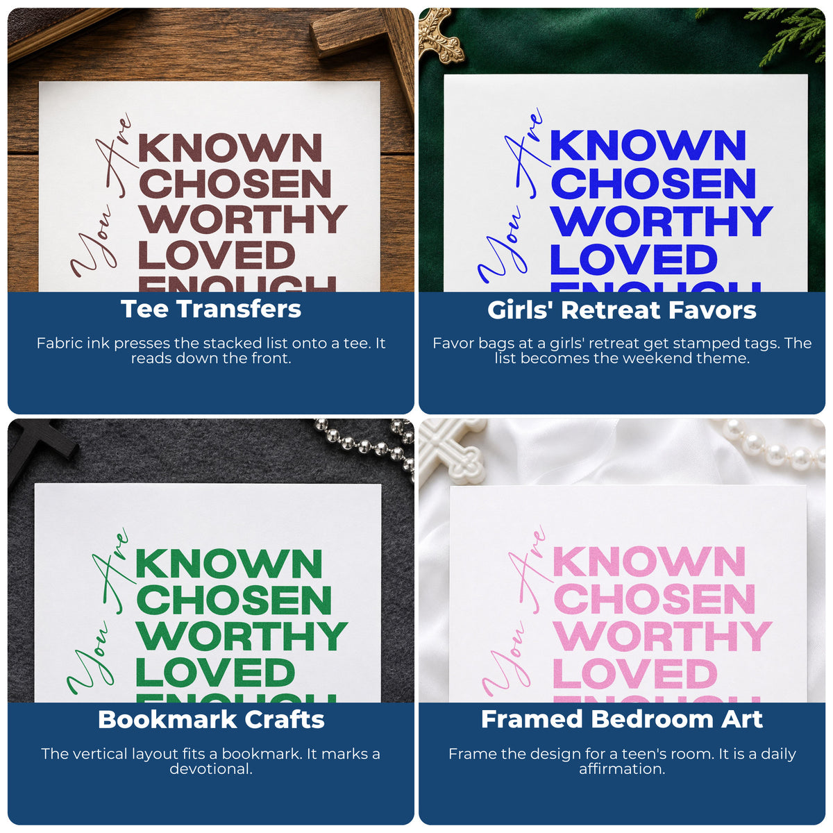 Four ways to use the You Are Known And Loved Hand Stamp – Duo: tee transfers, girls' retreat favors, bookmark crafts and framed bedroom art.