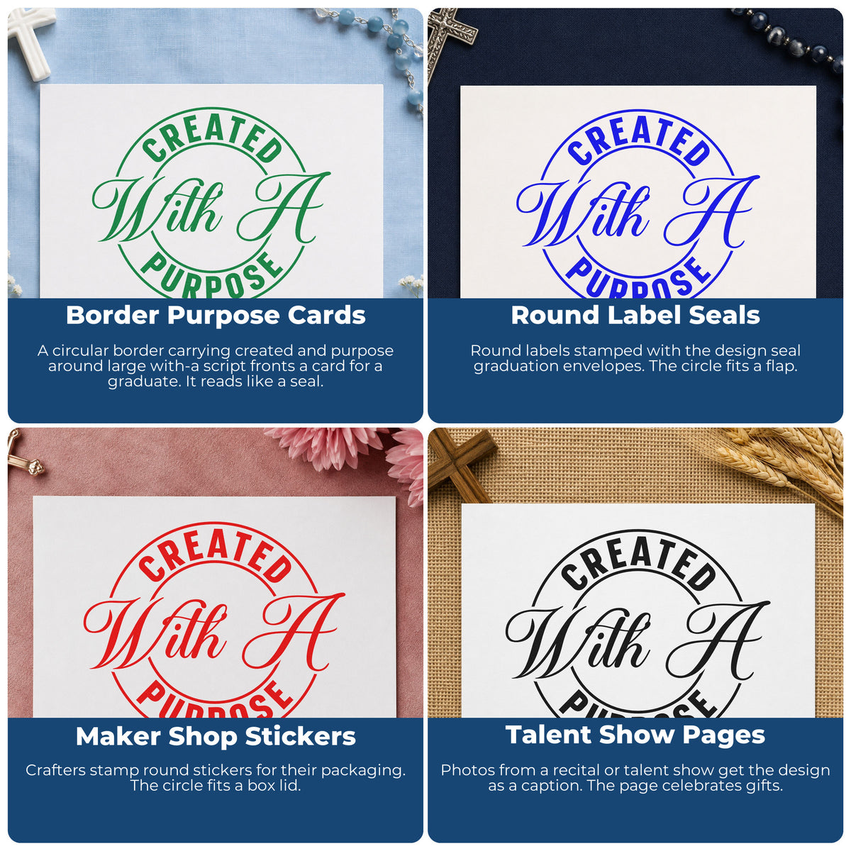 Four ways to use the Duo Hand Created With A Purpose Emblem Rubber Stamp: border purpose cards, round label seals, maker shop stickers and talent show pages.