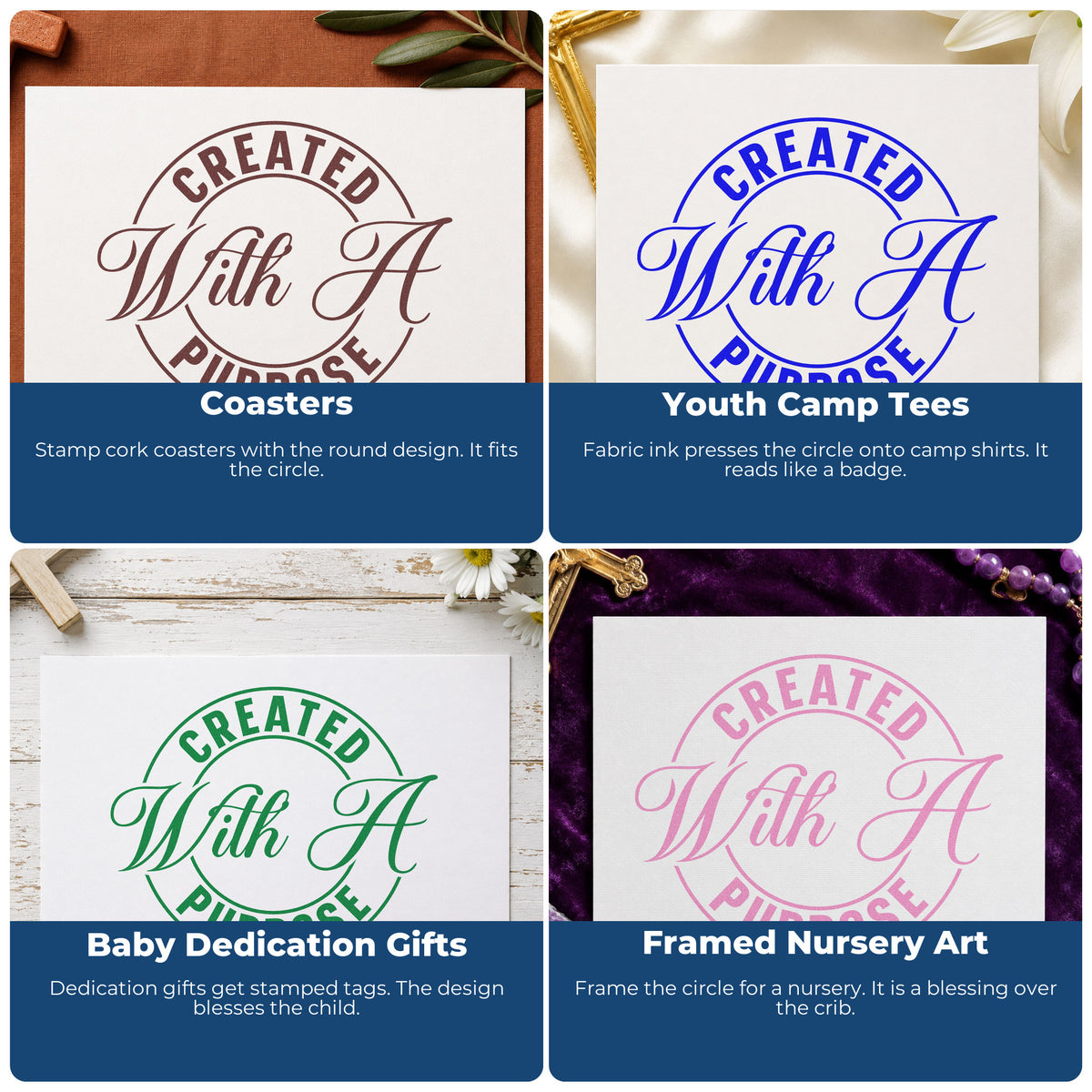 Four ways to use the Created With A Purpose Emblem Wood Handle Stamp: coasters, youth camp tees, baby dedication gifts and framed nursery art.