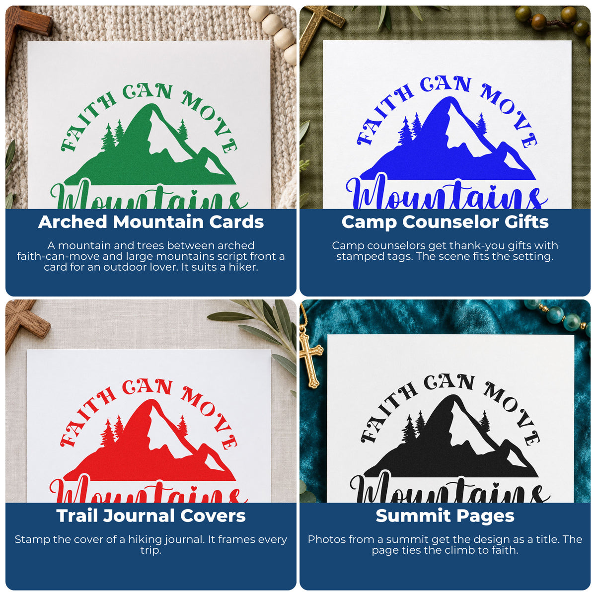 Four ways to use the Faith Moves Mountains Silhouette Stamp – Slim Pre-Inked: arched mountain cards, camp counselor gifts, trail journal covers and summit pages.
