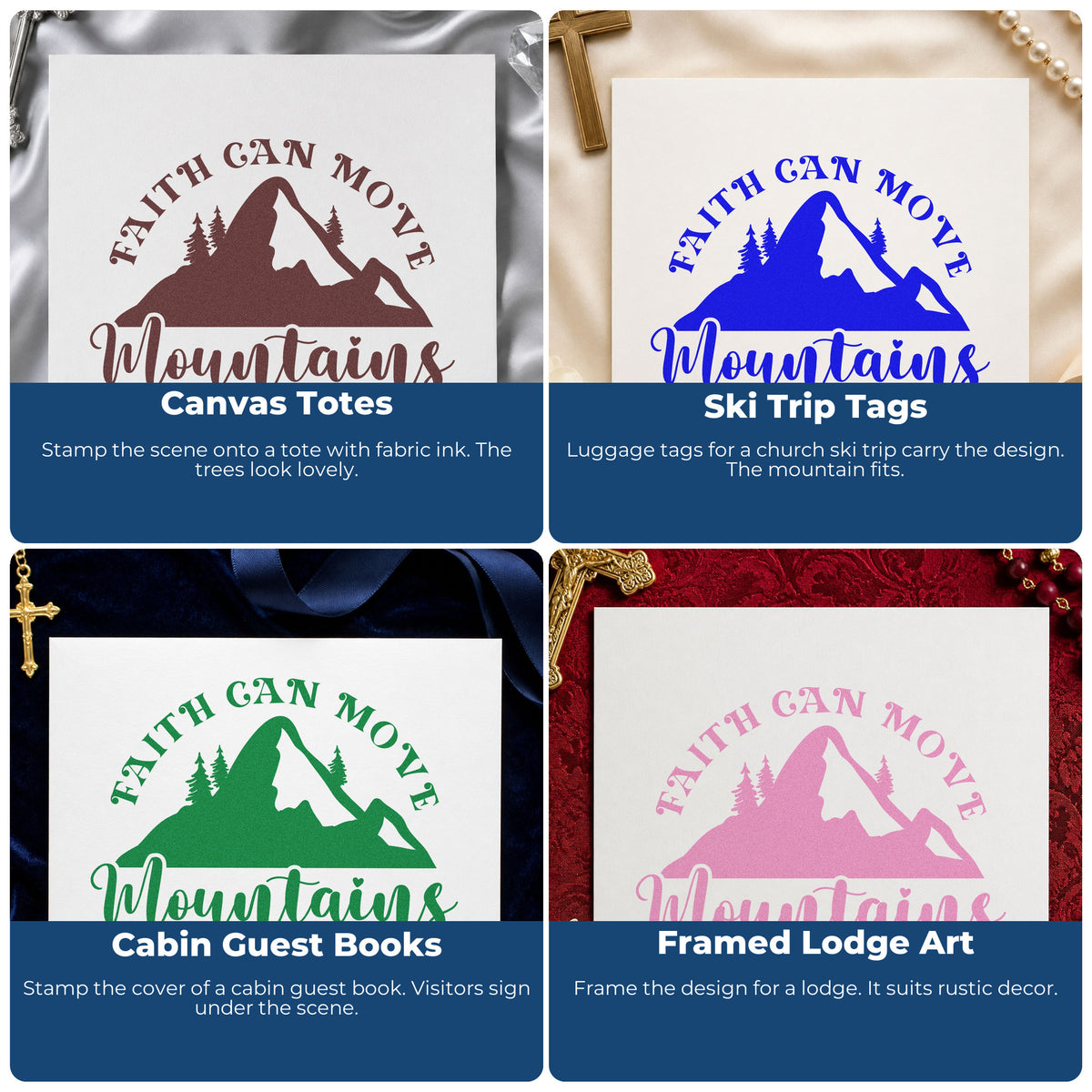 Four ways to use the Faith Moves Mountains Silhouette Rubber Stamp – Wood Handle: canvas totes, ski trip tags, cabin guest books and framed lodge art.