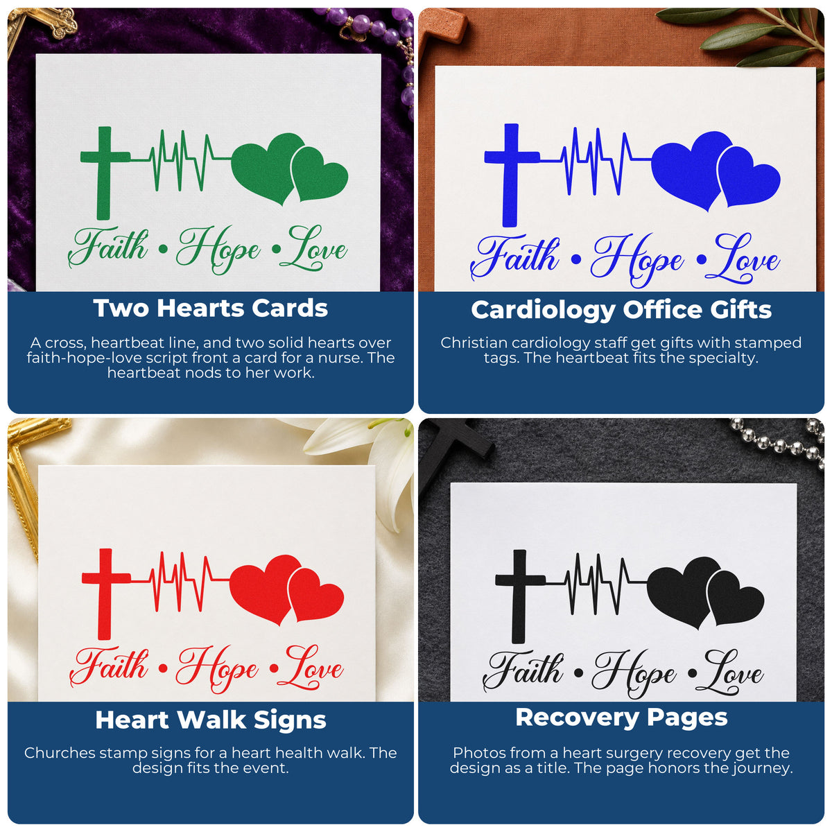 Four ways to use the Pre-Inked Faith Hope Love Double Heart Stamp – PSI: two hearts cards, cardiology office gifts, heart walk signs and recovery pages.