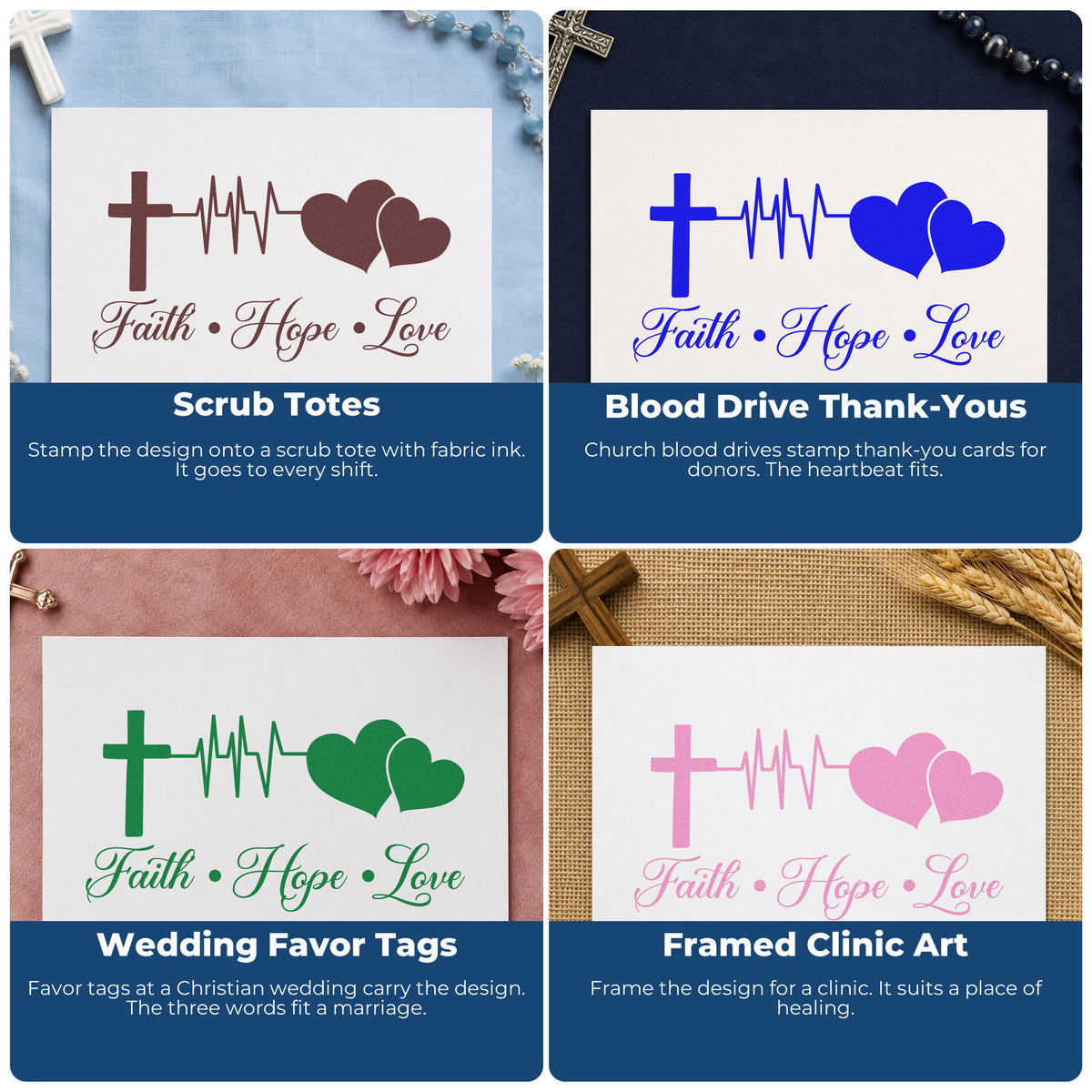 Four ways to use the Faith Hope Love Double Heart Rubber Stamp – Wood Handle: scrub totes, blood drive thank-yous, wedding favor tags and framed clinic art.
