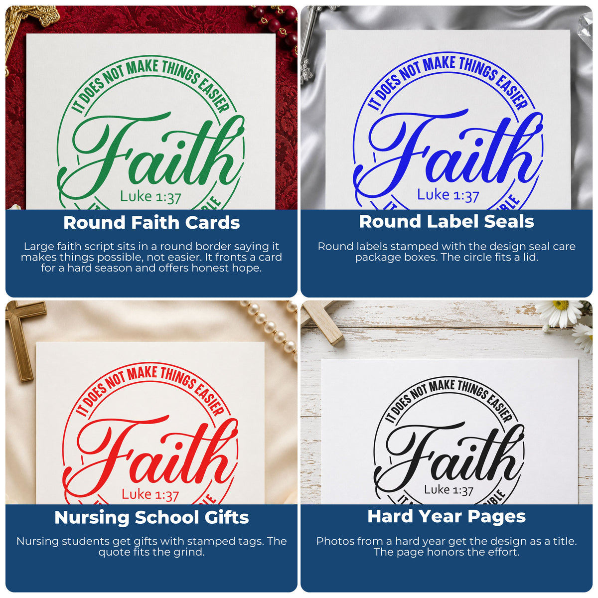 Four ways to use the Faith Makes Possible Circle With Cross Stamp – Wood Handle: round faith cards, round label seals, nursing school gifts and hard year pages.