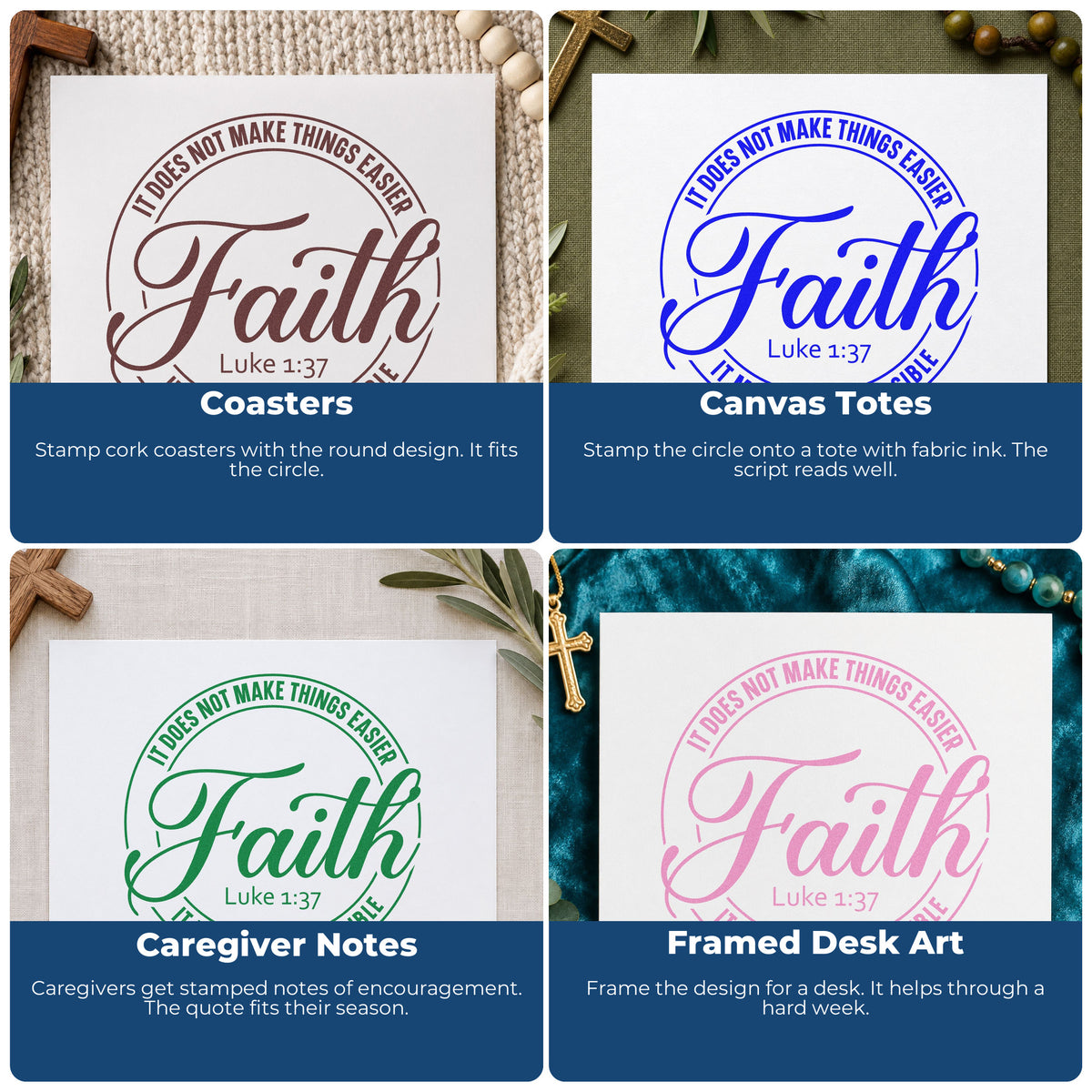 Four ways to use the Faith Makes Possible Circle With Cross Rubber Stamp – Duo Hand: coasters, canvas totes, caregiver notes and framed desk art.