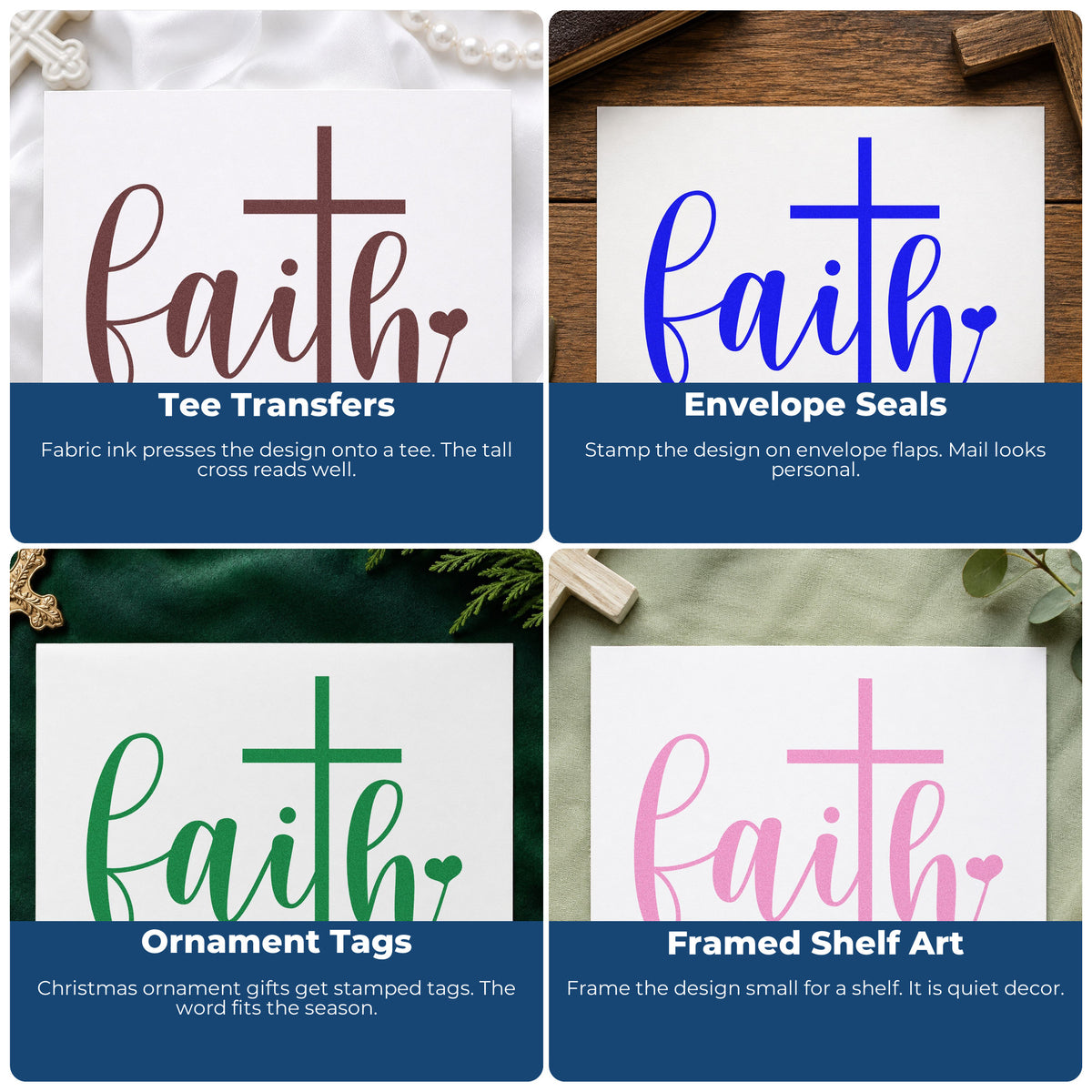 Four ways to use the Faith Script Cross Heart Stamp – Self-Inking: tee transfers, envelope seals, ornament tags and framed shelf art.