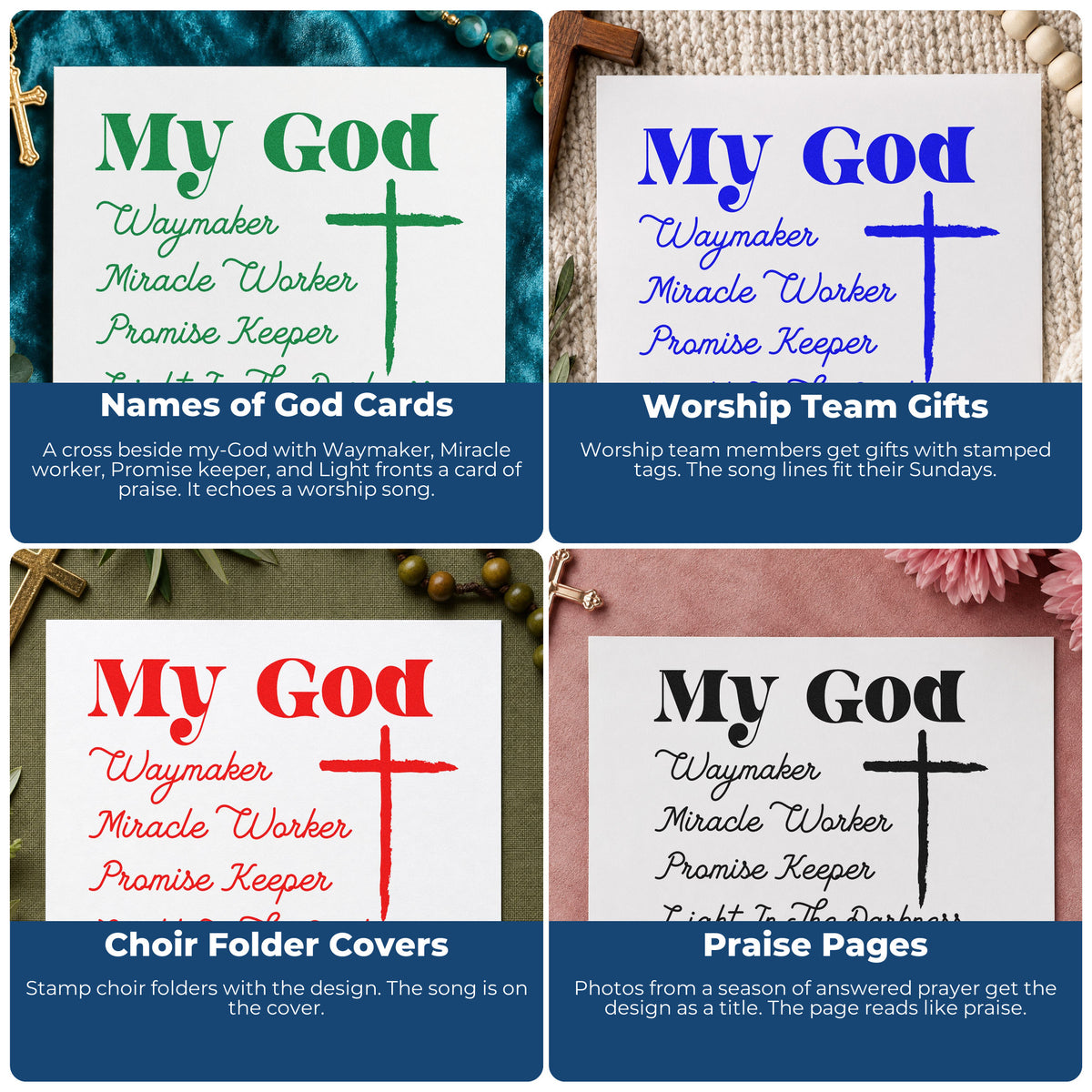 Four ways to use the My God Promise Keeper Pre-Inked Stamp – Slim: names of god cards, worship team gifts, choir folder covers and praise pages.