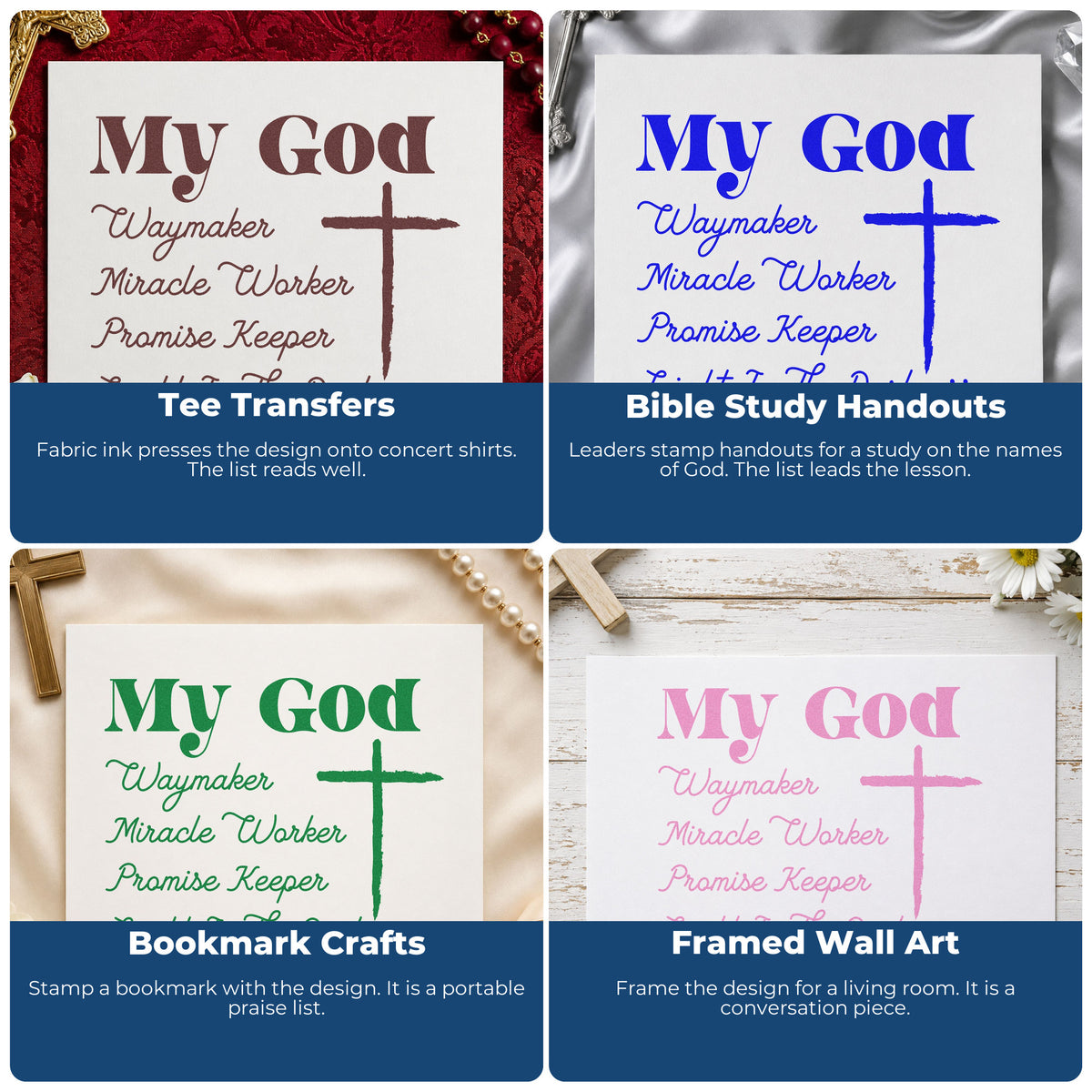 Four ways to use the My God Promise Keeper Pre-Inked Stamp – Slim: tee transfers, bible study handouts, bookmark crafts and framed wall art.