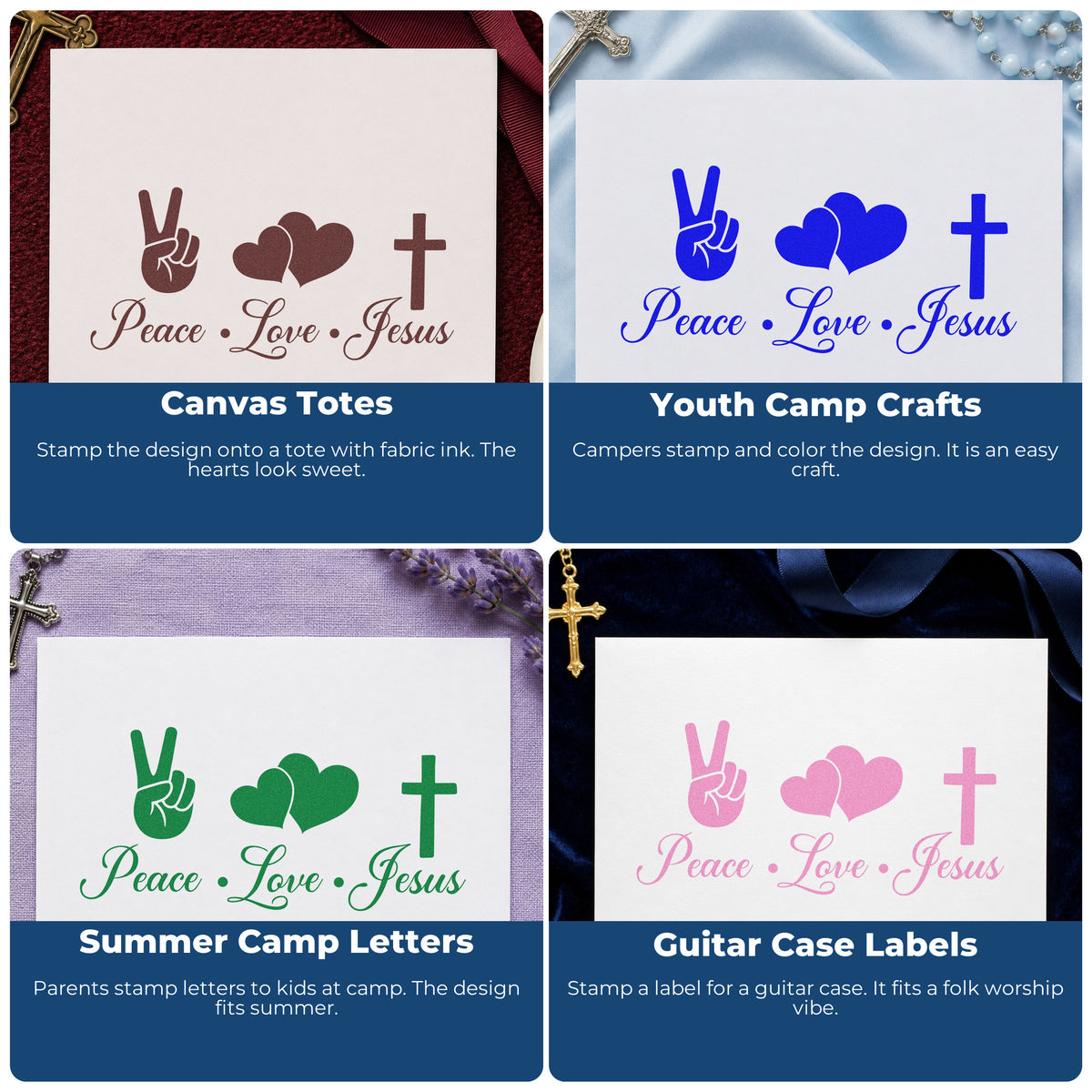 Four ways to use the Self-Inking Peace, Love, Jesus With Cross Stamp: canvas totes, youth camp crafts, summer camp letters and guitar case labels.