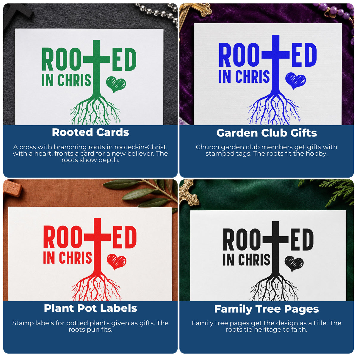 Four ways to use the Wood Handle Rooted In Christ Rubber Stamp: rooted cards, garden club gifts, plant pot labels and family tree pages.