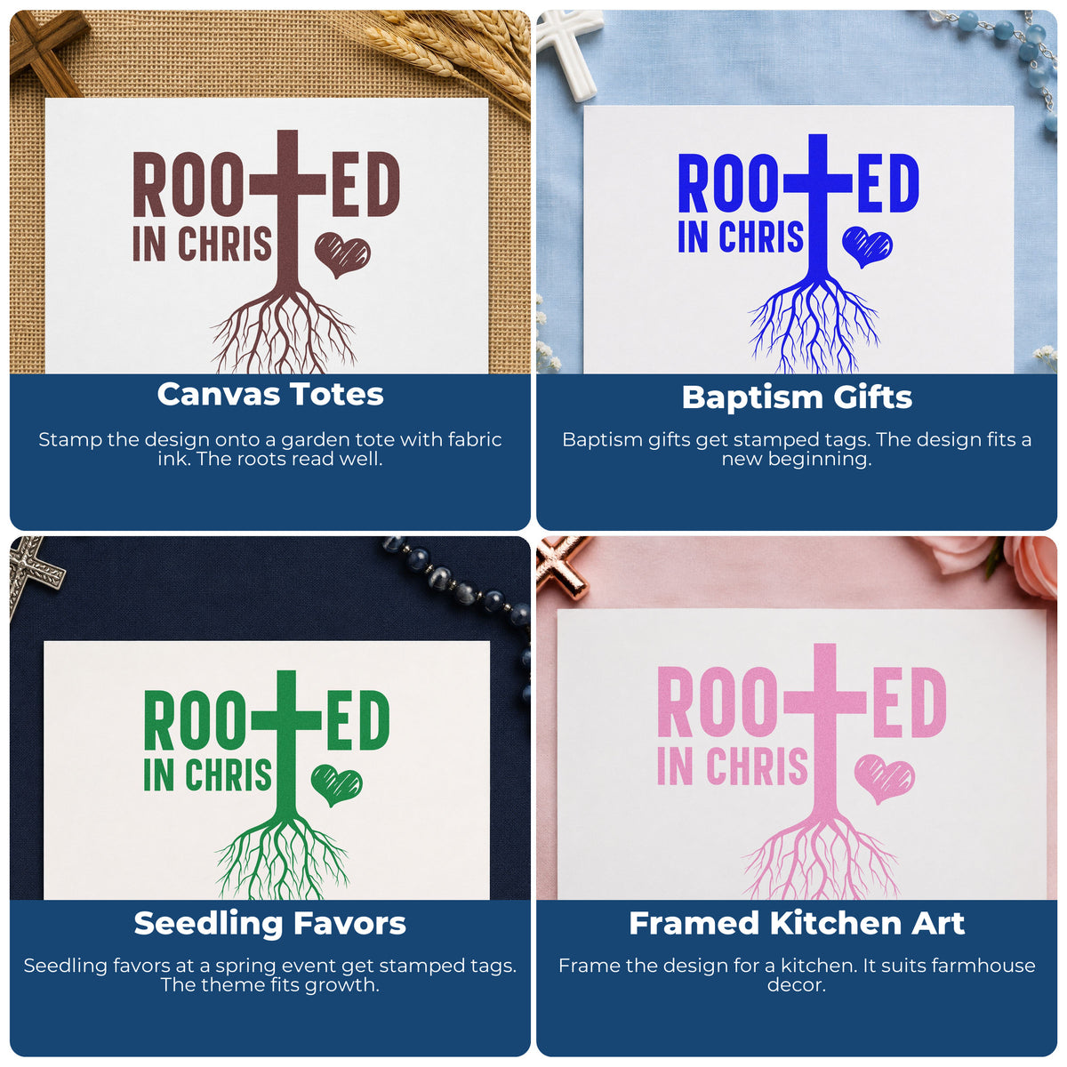 Four ways to use the Wood Handle Rooted In Christ Rubber Stamp: canvas totes, baptism gifts, seedling favors and framed kitchen art.