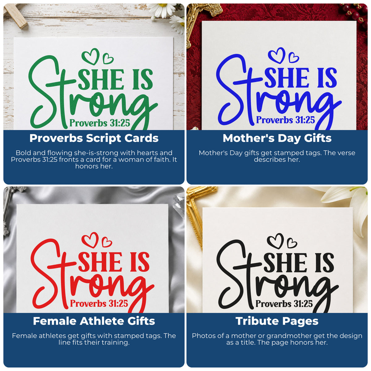 Four ways to use the She Is Strong Heart Accents Self-Inking Stamp: proverbs script cards, mother's day gifts, female athlete gifts and tribute pages.