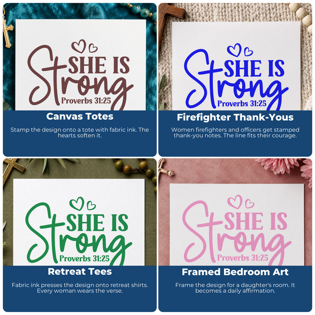 Four ways to use the She Is Strong Heart Accents Self-Inking Stamp: canvas totes, firefighter thank-yous, retreat tees and framed bedroom art.
