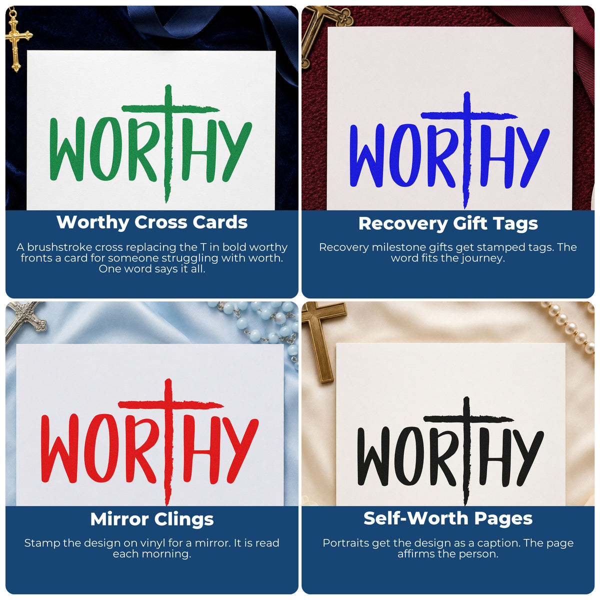 Four ways to use the Worthy Cross Rubber Stamp – Wood Handle: worthy cross cards, recovery gift tags, mirror clings and self-worth pages.