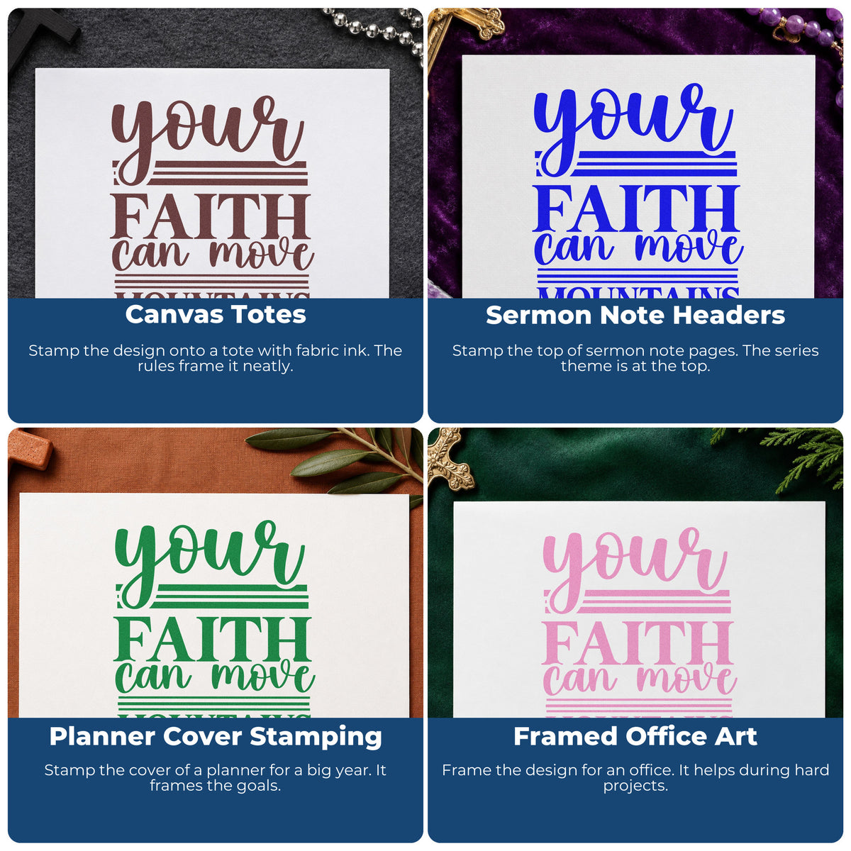 Four ways to use the Faith Moves Mountains Horizontal Lines Pre-Inked Stamp – PSI: canvas totes, sermon note headers, planner cover stamping and framed office art.