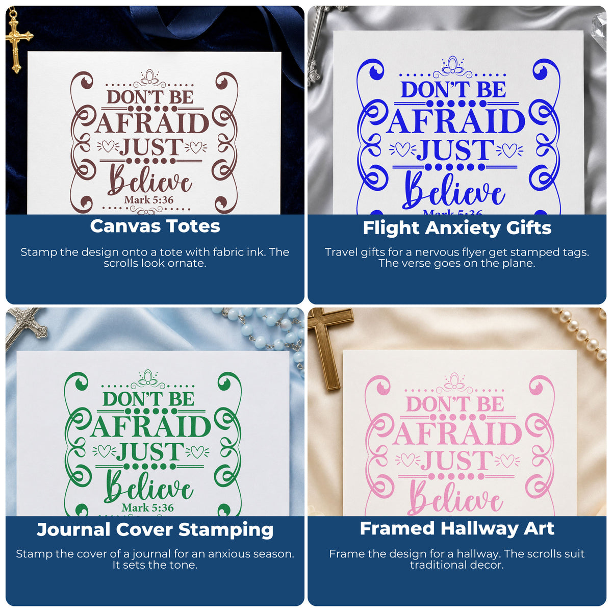 Four ways to use the Don't Be Afraid Scroll Framed Lettering Self-Inking Stamp: canvas totes, flight anxiety gifts, journal cover stamping and framed hallway art.