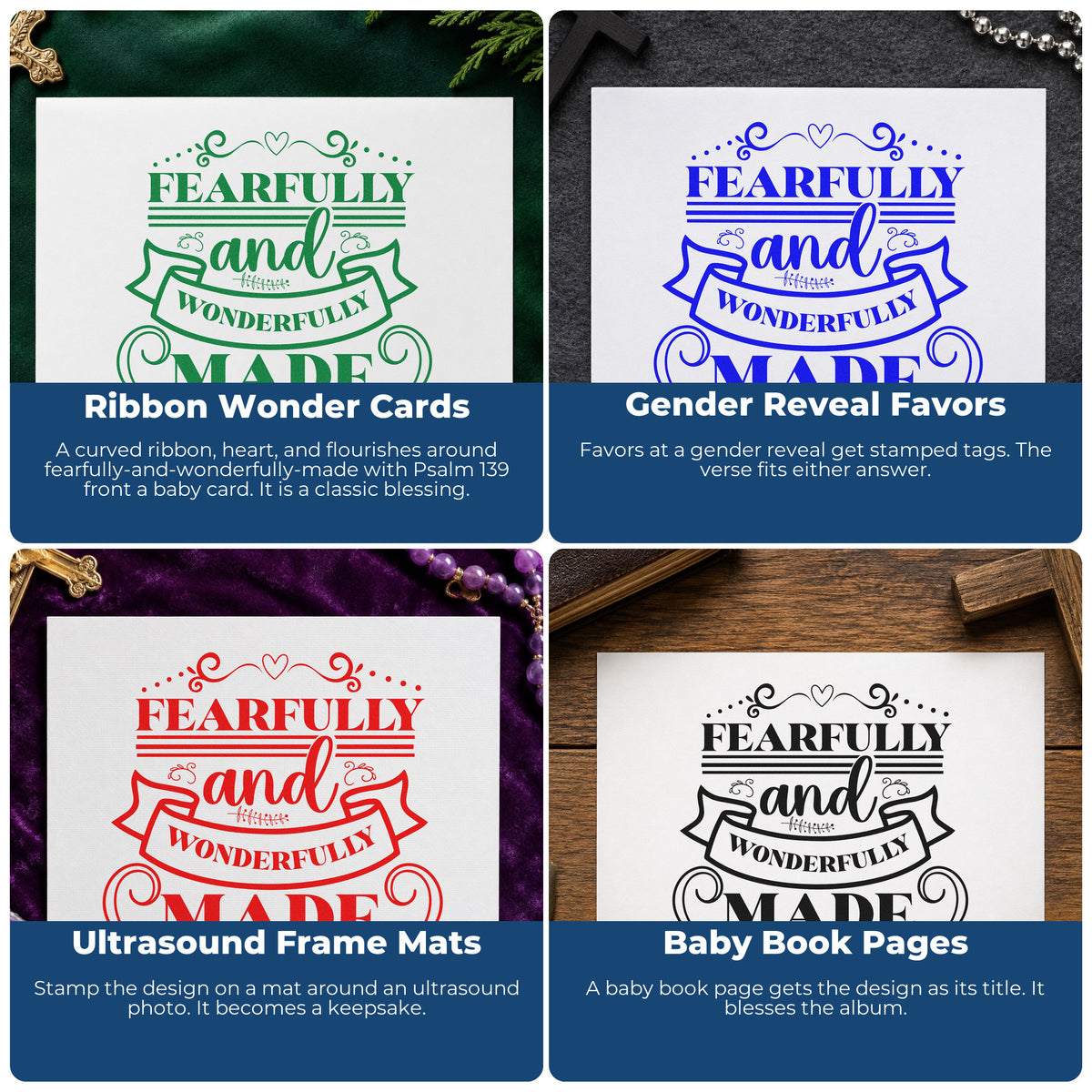 Four ways to use the Vintage Pro Fearfully Wonderfully Made Ribbon Premium Wooden Stamp: ribbon wonder cards, gender reveal favors, ultrasound frame mats and baby book pages.