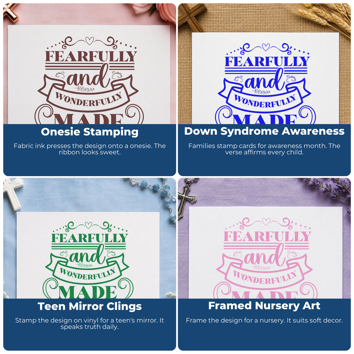 Four ways to use the Fearfully Wonderfully Made Ribbon Duo Hand Stamp: onesie stamping, down syndrome awareness, teen mirror clings and framed nursery art.