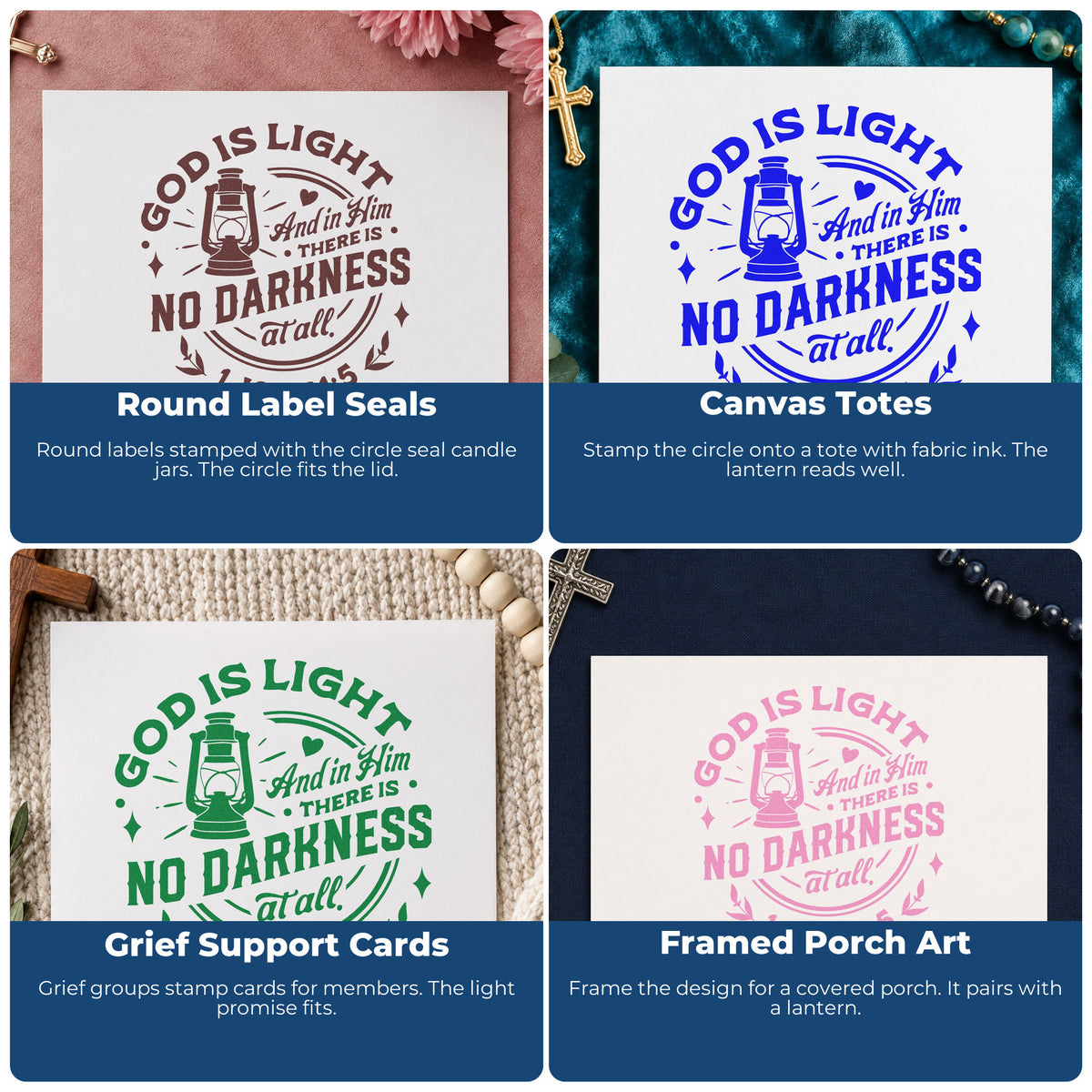 Four ways to use the God Is Light Lantern Circular Layout Rubber Stamp – Duo Hand: round label seals, canvas totes, grief support cards and framed porch art.
