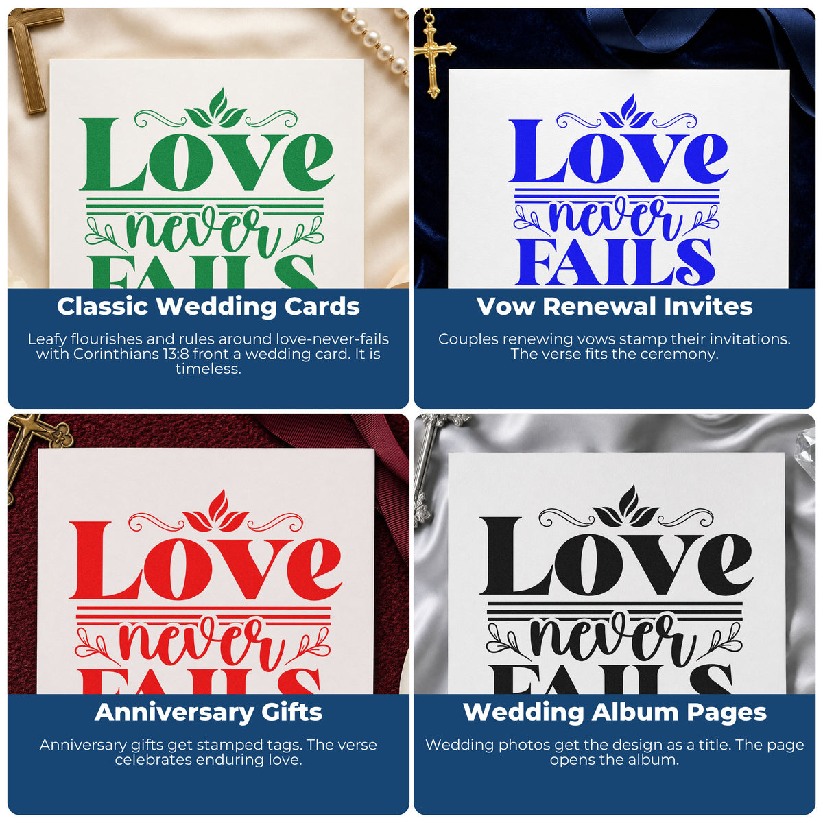 Four ways to use the Love Never Fails Flourishes Premium Wood-Mounted Stamp - Vintage Pro: classic wedding cards, vow renewal invites, anniversary gifts and wedding album pages.