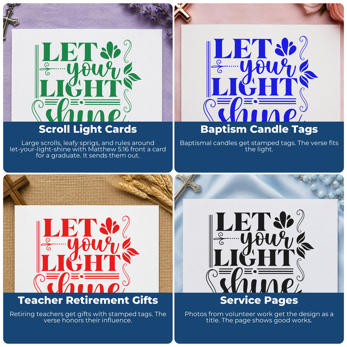 Four ways to use the Let Your Light Shine Scrolls Botanical Sprig Slim Pre-Inked Stamp: scroll light cards, baptism candle tags, teacher retirement gifts and service pages.