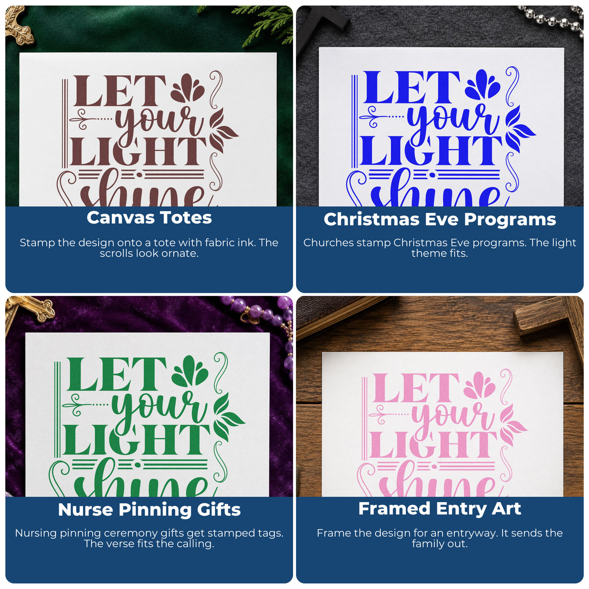 Four ways to use the Let Your Light Shine Scrolls Botanical Sprig Rubber Stamp – Wood Handle: canvas totes, christmas eve programs, nurse pinning gifts and framed entry art.