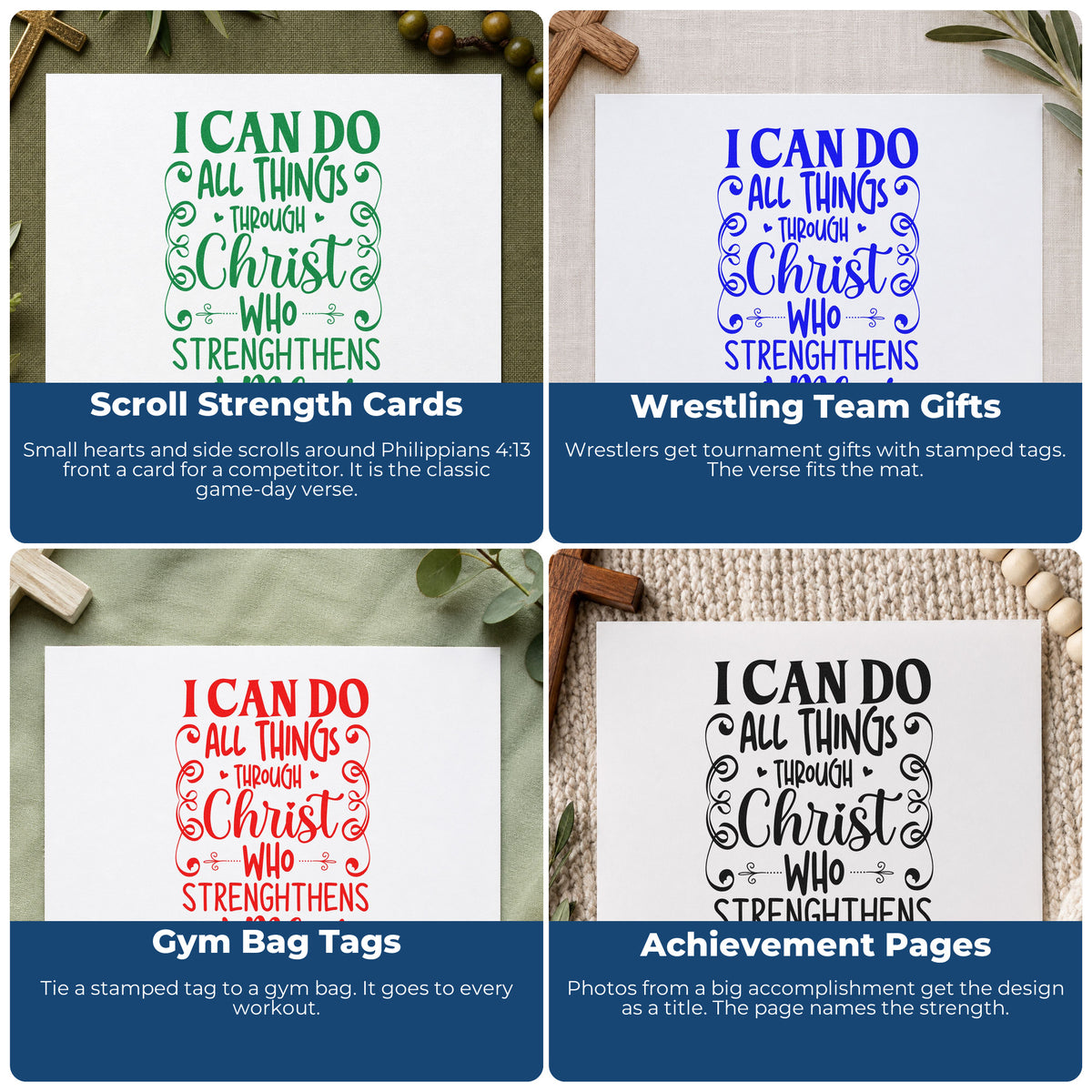Four ways to use the All Things Through Christ Scrolls With Hearts Wood Handle Stamp: scroll strength cards, wrestling team gifts, gym bag tags and achievement pages.
