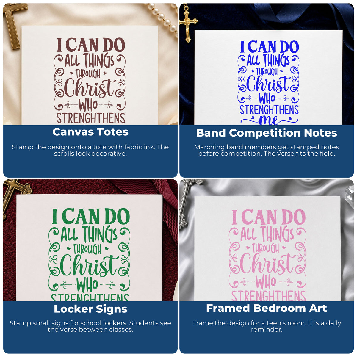 Four ways to use the All Things Through Christ Scrolls With Hearts Self-Inking Stamp: canvas totes, band competition notes, locker signs and framed bedroom art.