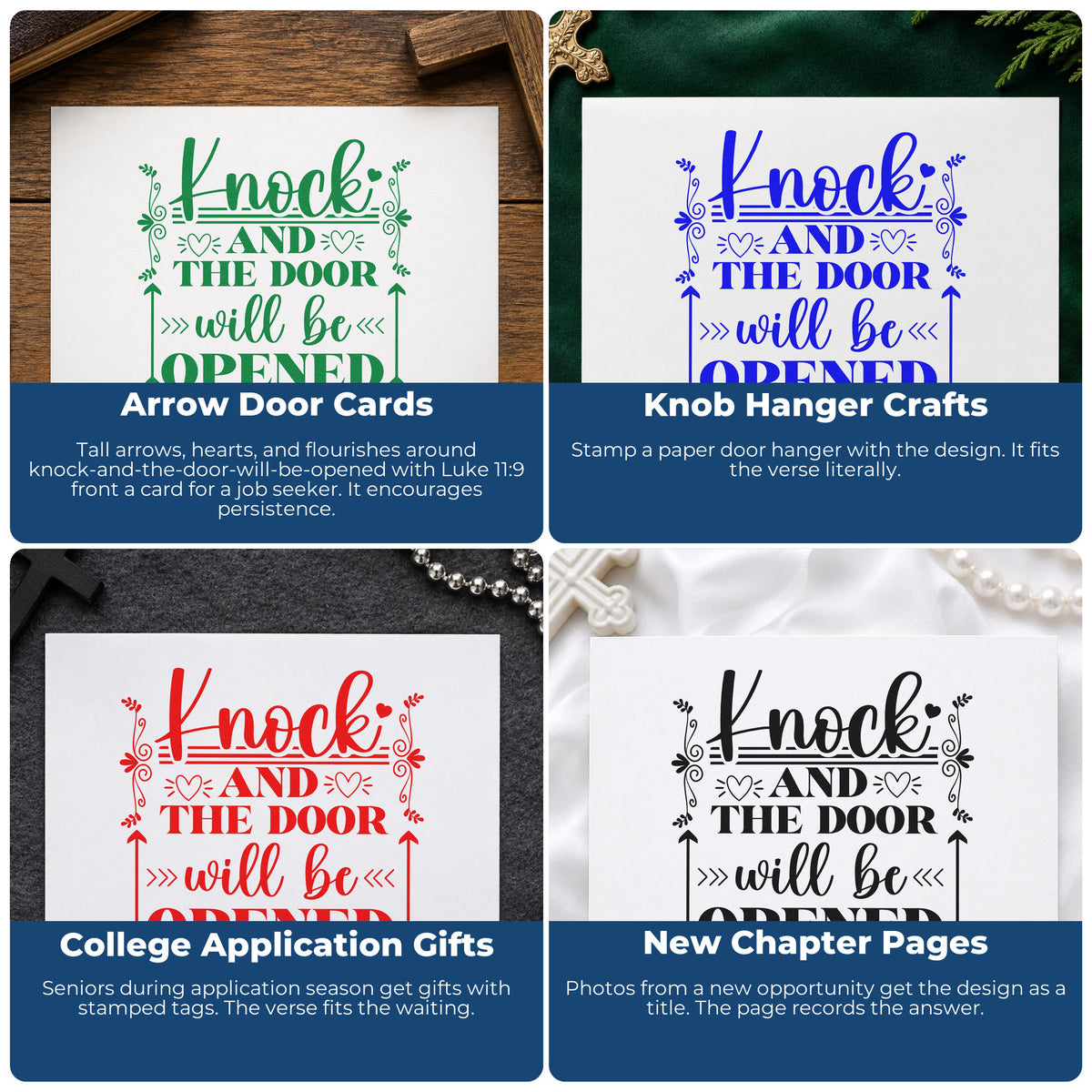 Four ways to use the Knock And The Door Arrows Hand Stamp – Duo: arrow door cards, knob hanger crafts, college application gifts and new chapter pages.