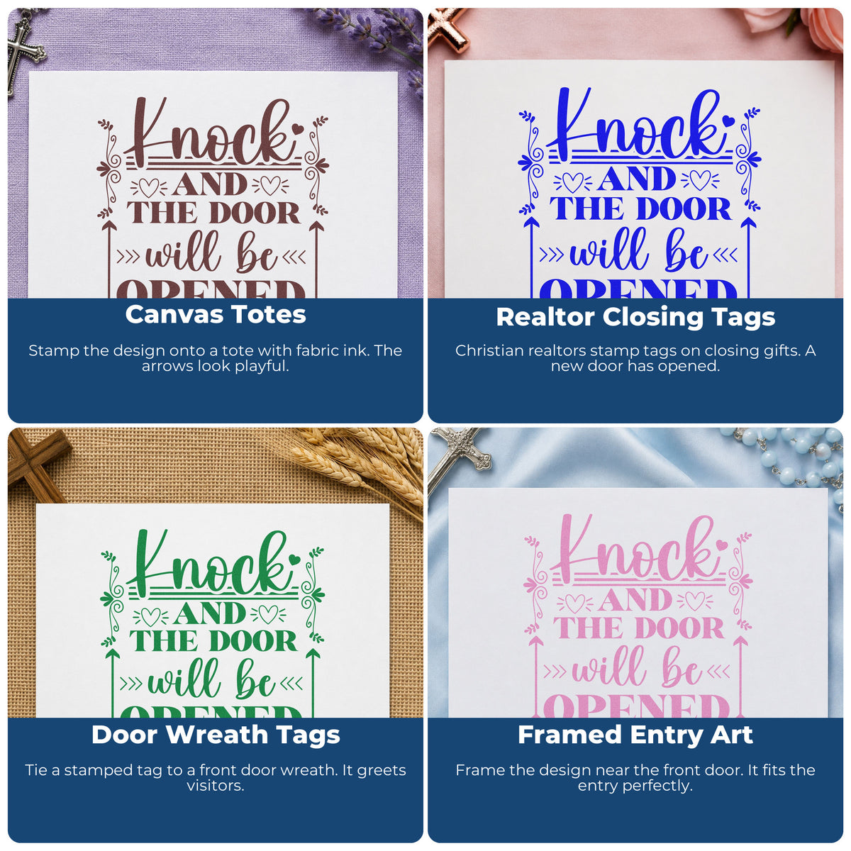 Four ways to use the Knock And The Door Arrows Stamp – Self-Inking: canvas totes, realtor closing tags, door wreath tags and framed entry art.