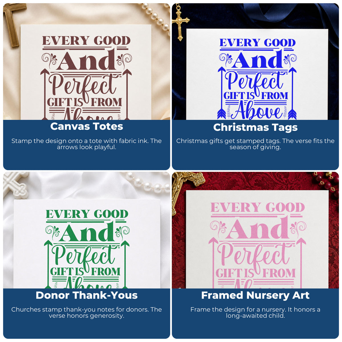Four ways to use the Every Good Gift Arrow Frame Hand Stamp – Duo: canvas totes, christmas tags, donor thank-yous and framed nursery art.