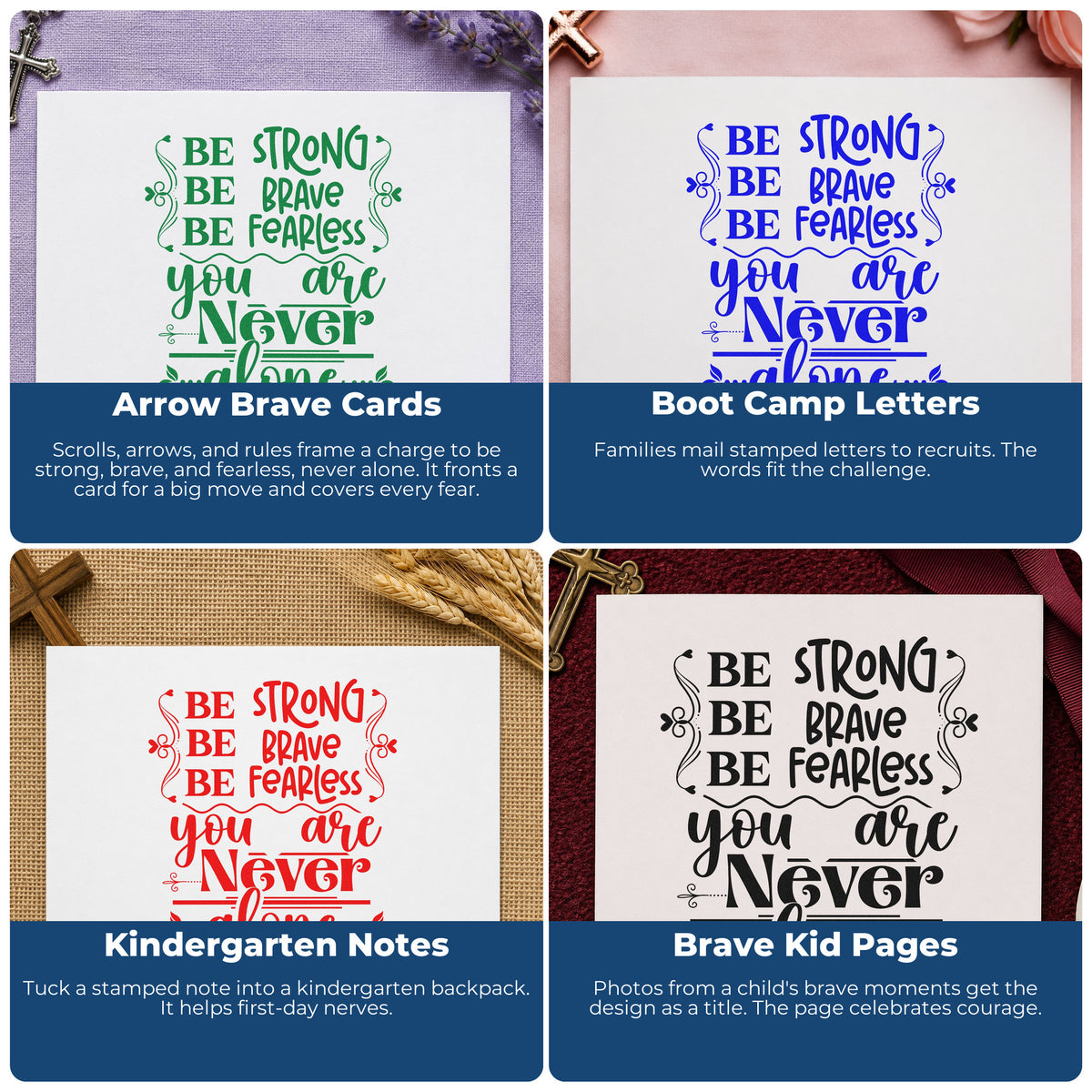 Four ways to use the Never Alone Ornamental Arrow Rubber Stamp – Duo Hand: arrow brave cards, boot camp letters, kindergarten notes and brave kid pages.