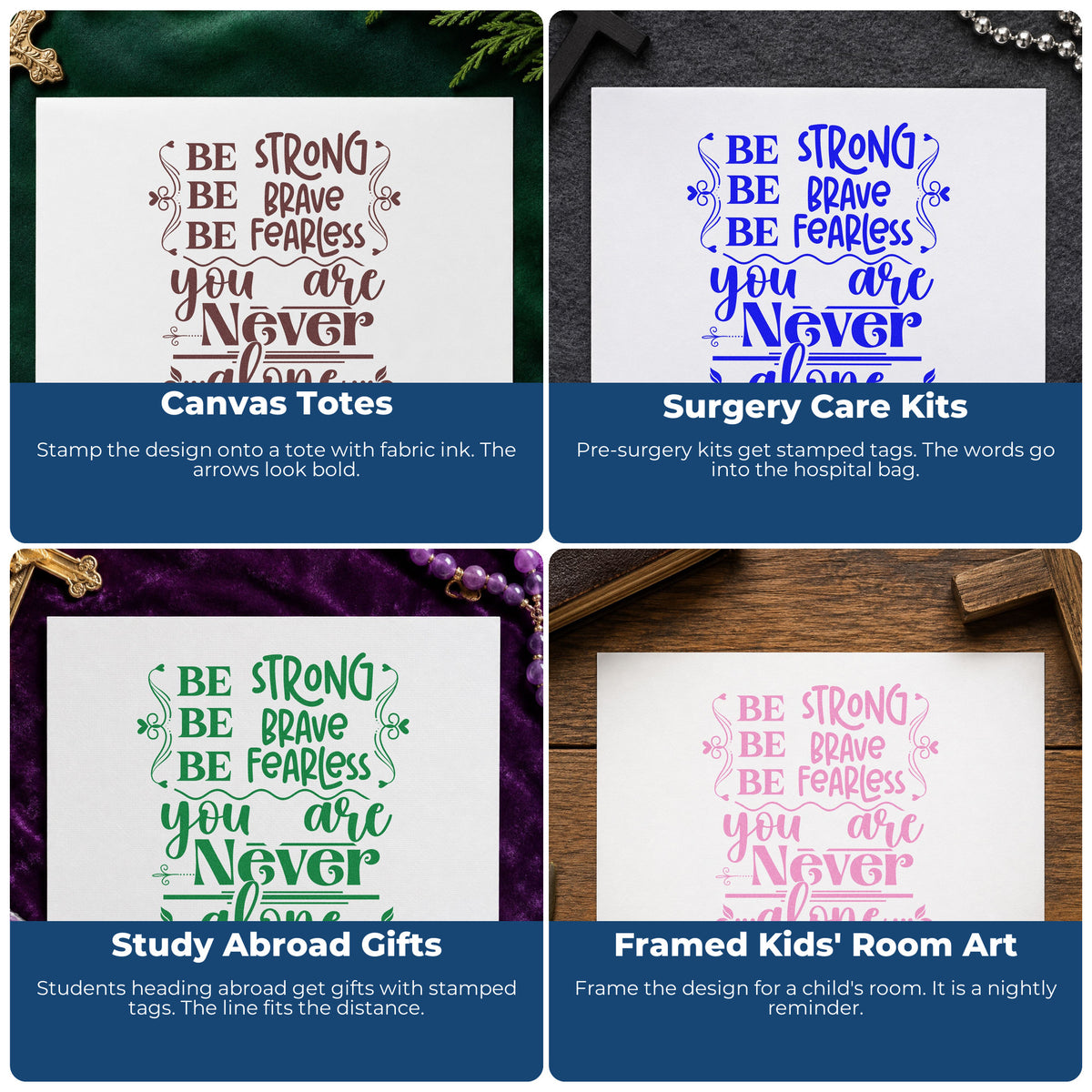 Four ways to use the Never Alone Ornamental Arrow Rubber Stamp – Duo Hand: canvas totes, surgery care kits, study abroad gifts and framed kids' room art.