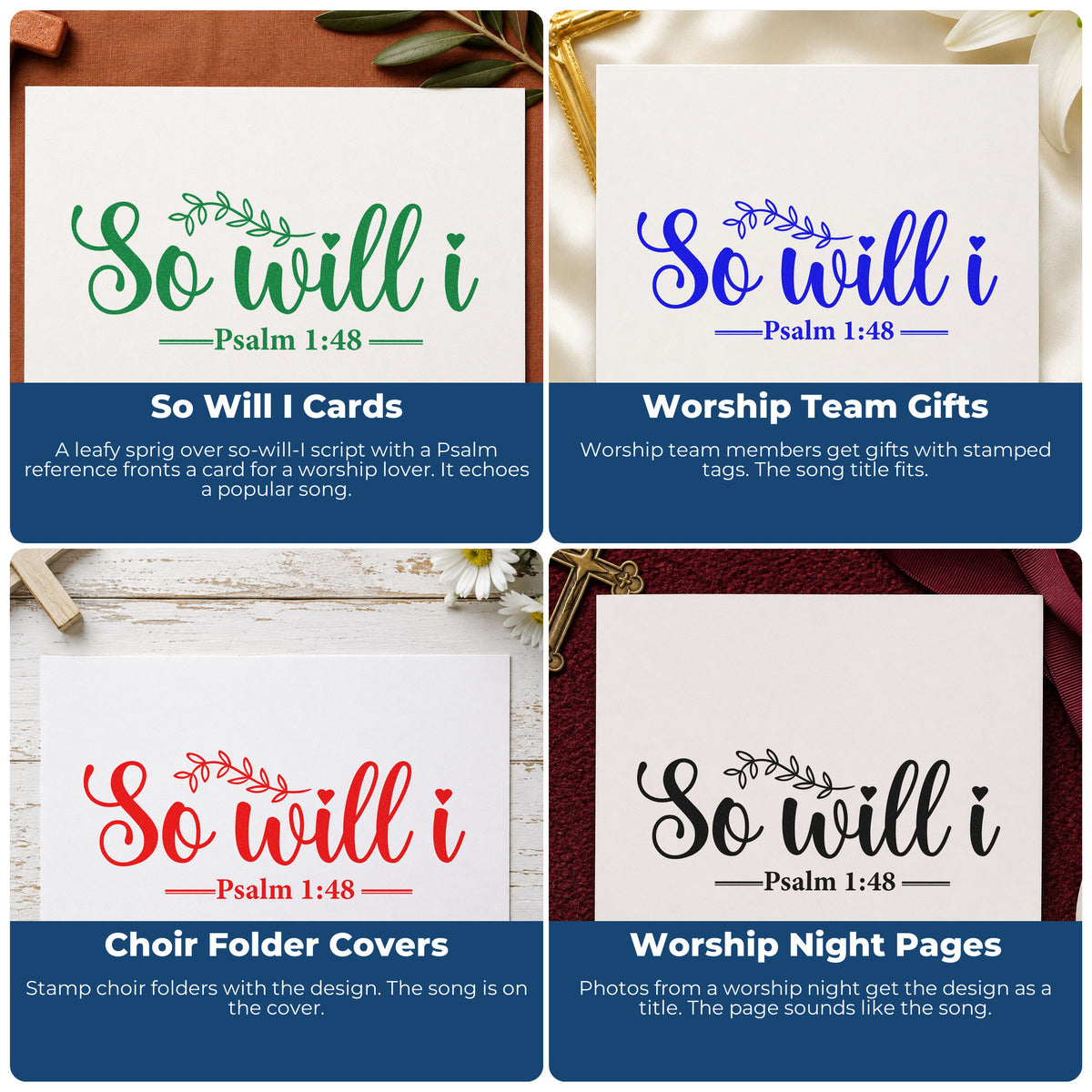 Four ways to use the So Will I Stamp – Self-Inking: so will i cards, worship team gifts, choir folder covers and worship night pages.