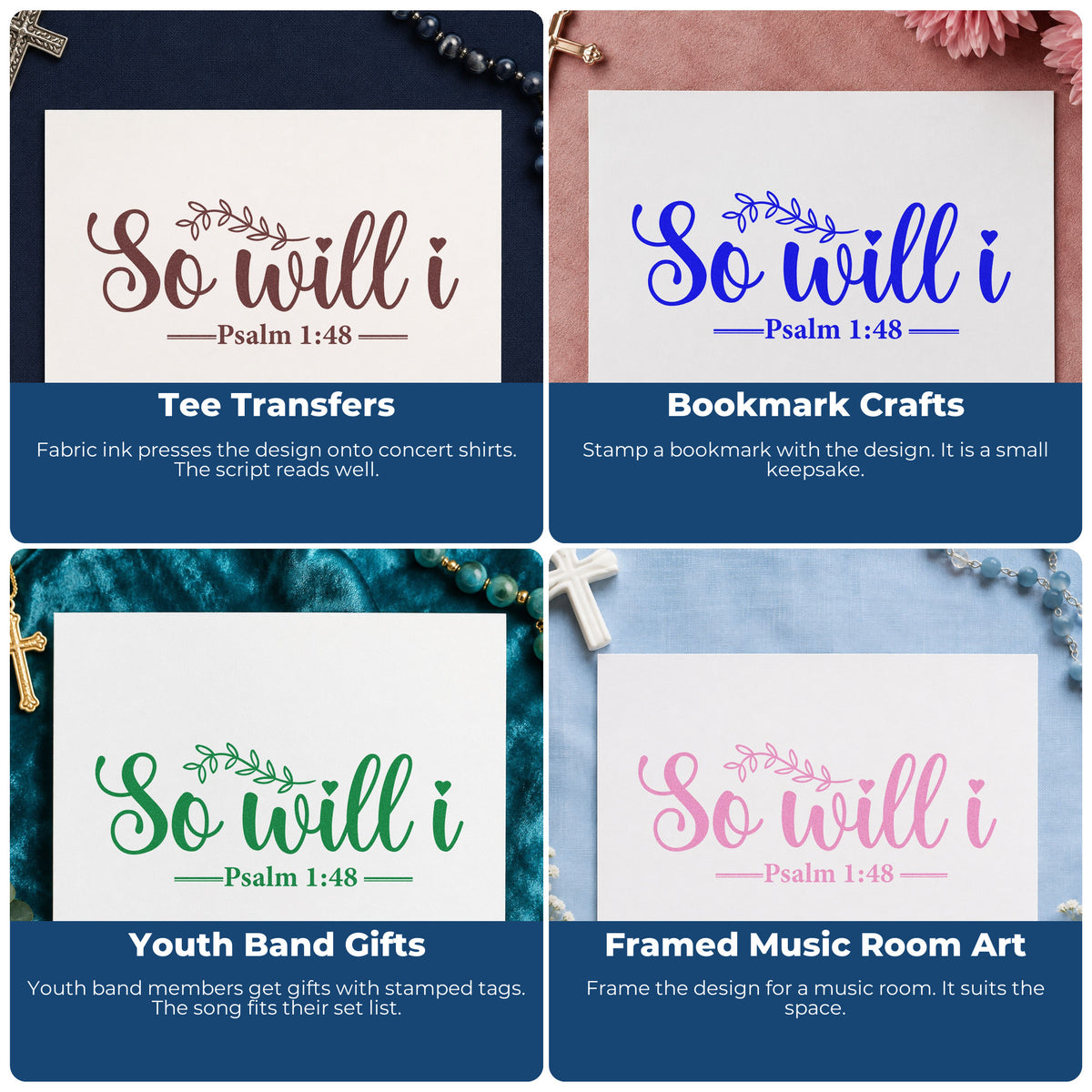 Four ways to use the So Will I Stamp – Self-Inking: tee transfers, bookmark crafts, youth band gifts and framed music room art.