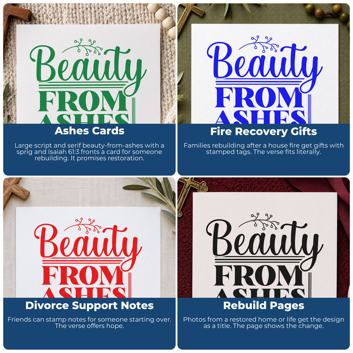 Four ways to use the Beauty From Ashes Botanical Word Art Wood Handle Stamp: ashes cards, fire recovery gifts, divorce support notes and rebuild pages.