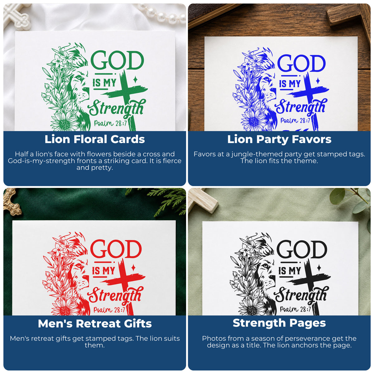 Four ways to use the God Is My Strength Lion Pre-Inked Stamp – Slim: lion floral cards, lion party favors, men's retreat gifts and strength pages.