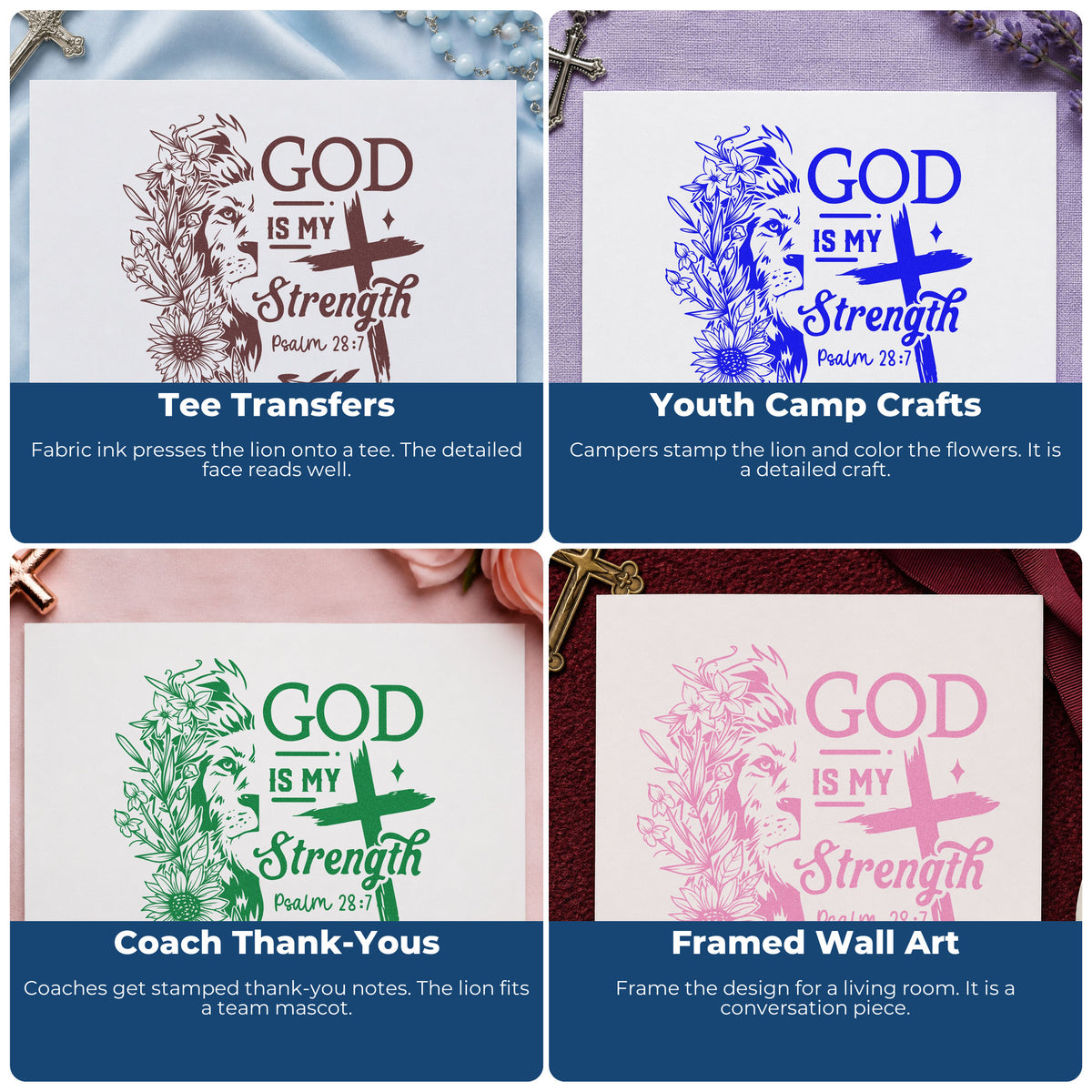 Four ways to use the God Is My Strength Lion Self-Inking Stamp: tee transfers, youth camp crafts, coach thank-yous and framed wall art.