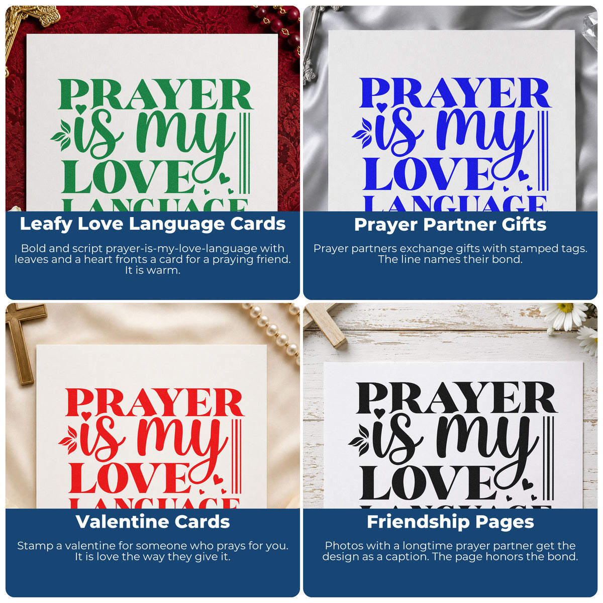 Four ways to use the Wood Handle Prayer Is My Love Language Bold Rubber Stamp: leafy love language cards, prayer partner gifts, valentine cards and friendship pages.