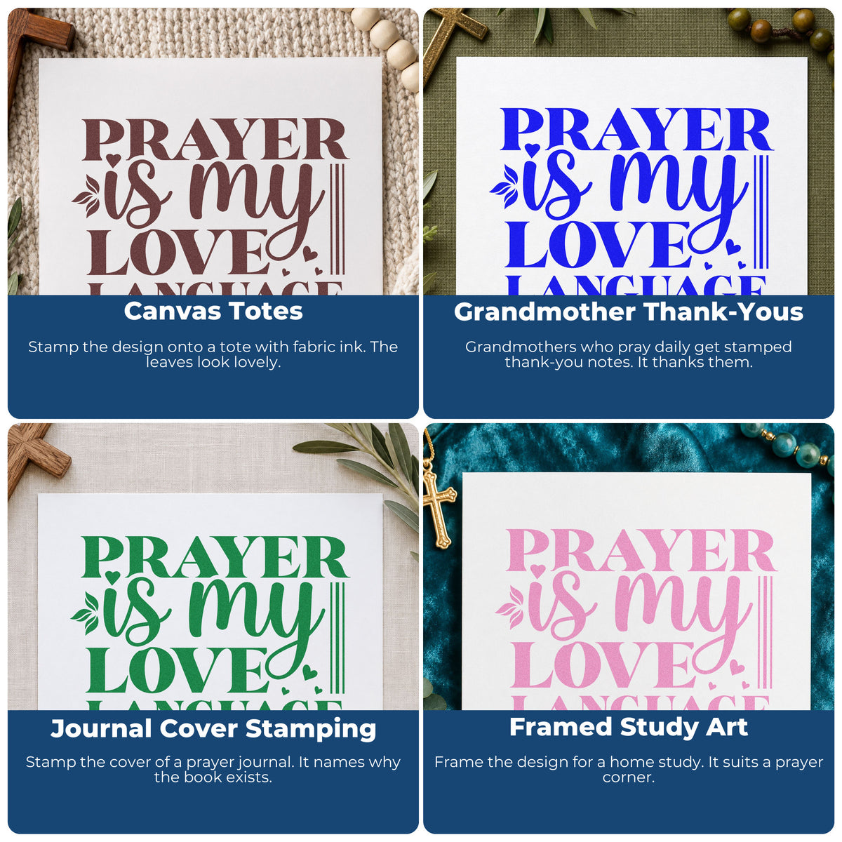 Four ways to use the Wood Handle Prayer Is My Love Language Bold Rubber Stamp: canvas totes, grandmother thank-yous, journal cover stamping and framed study art.