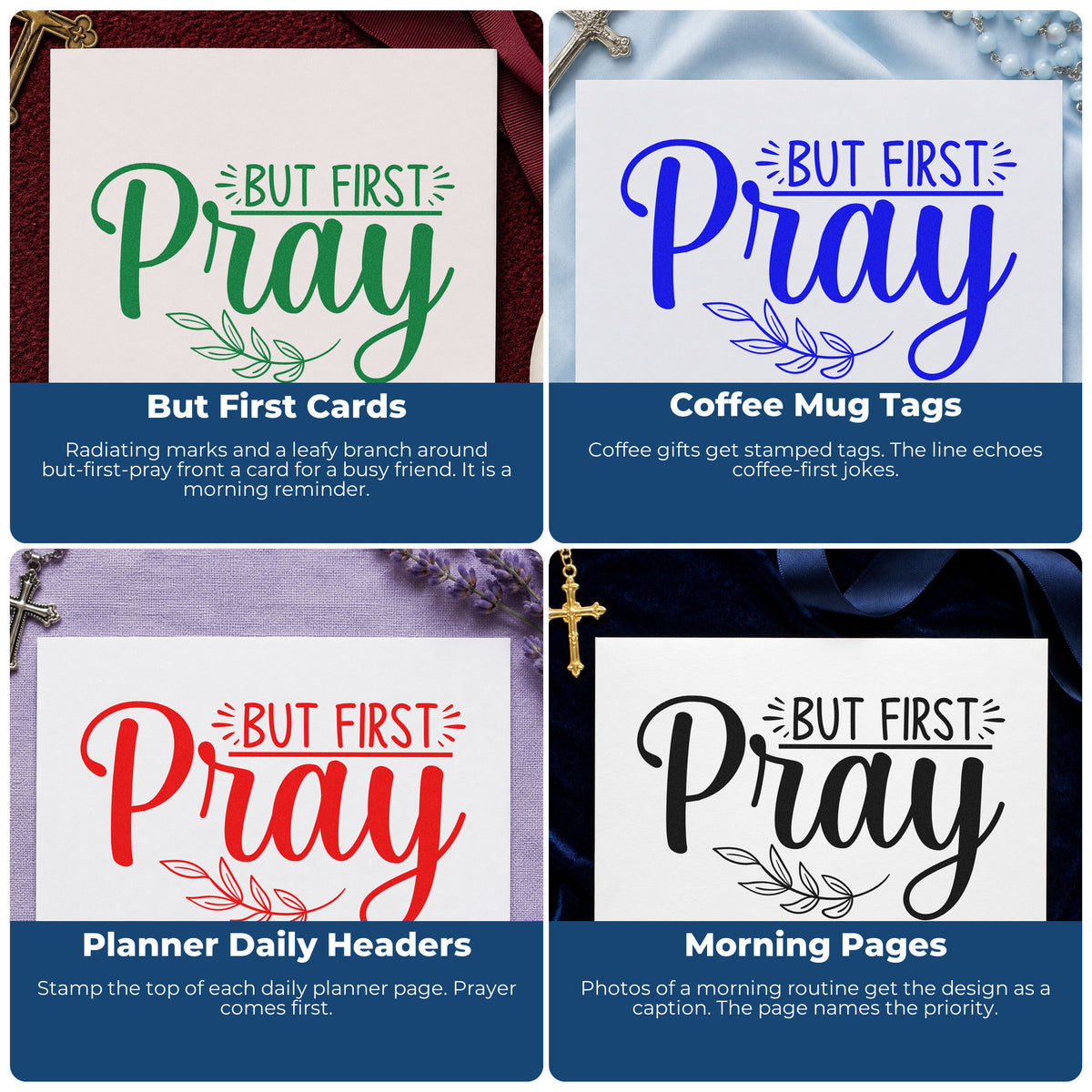 Four ways to use the Wood Handle But First Pray Rubber Stamp: but first cards, coffee mug tags, planner daily headers and morning pages.