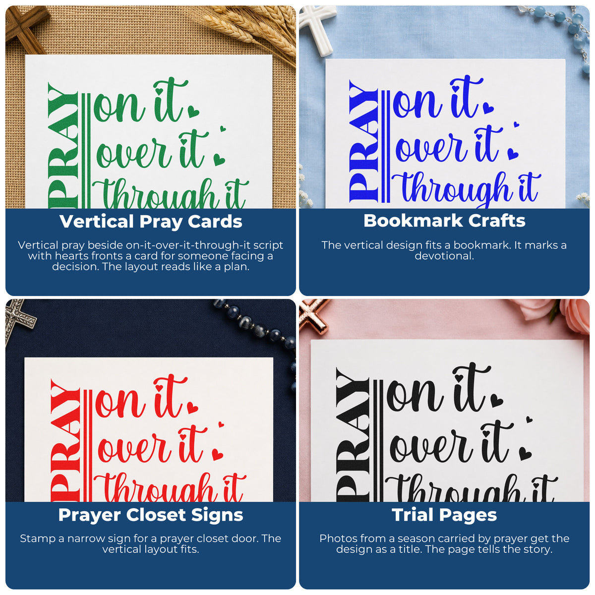 Four ways to use the Pray On It Heart Script PSI Pre-Inked Stamp: vertical pray cards, bookmark crafts, prayer closet signs and trial pages.