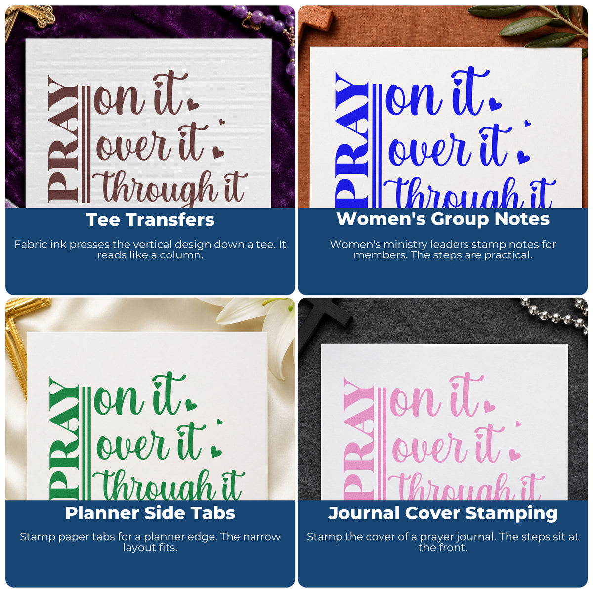 Four ways to use the Pray On It Heart Script Rubber Stamp – Wood Handle: tee transfers, women's group notes, planner side tabs and journal cover stamping.