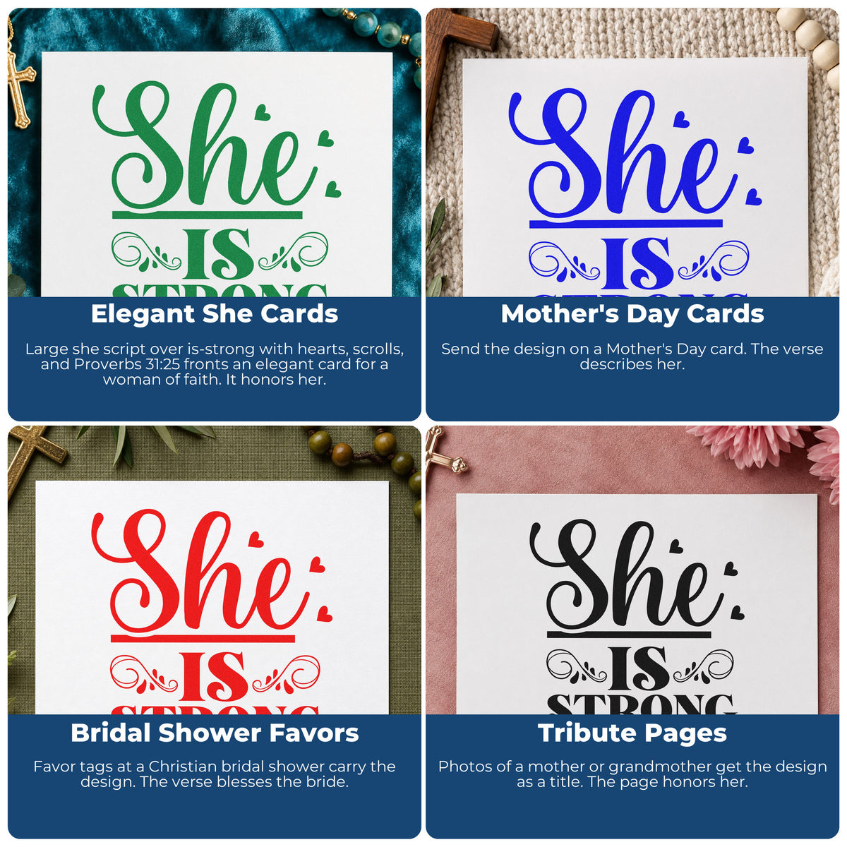 Four ways to use the She Is Strong Ornamental With Hearts Slim Pre-Inked Stamp: elegant she cards, mother's day cards, bridal shower favors and tribute pages.