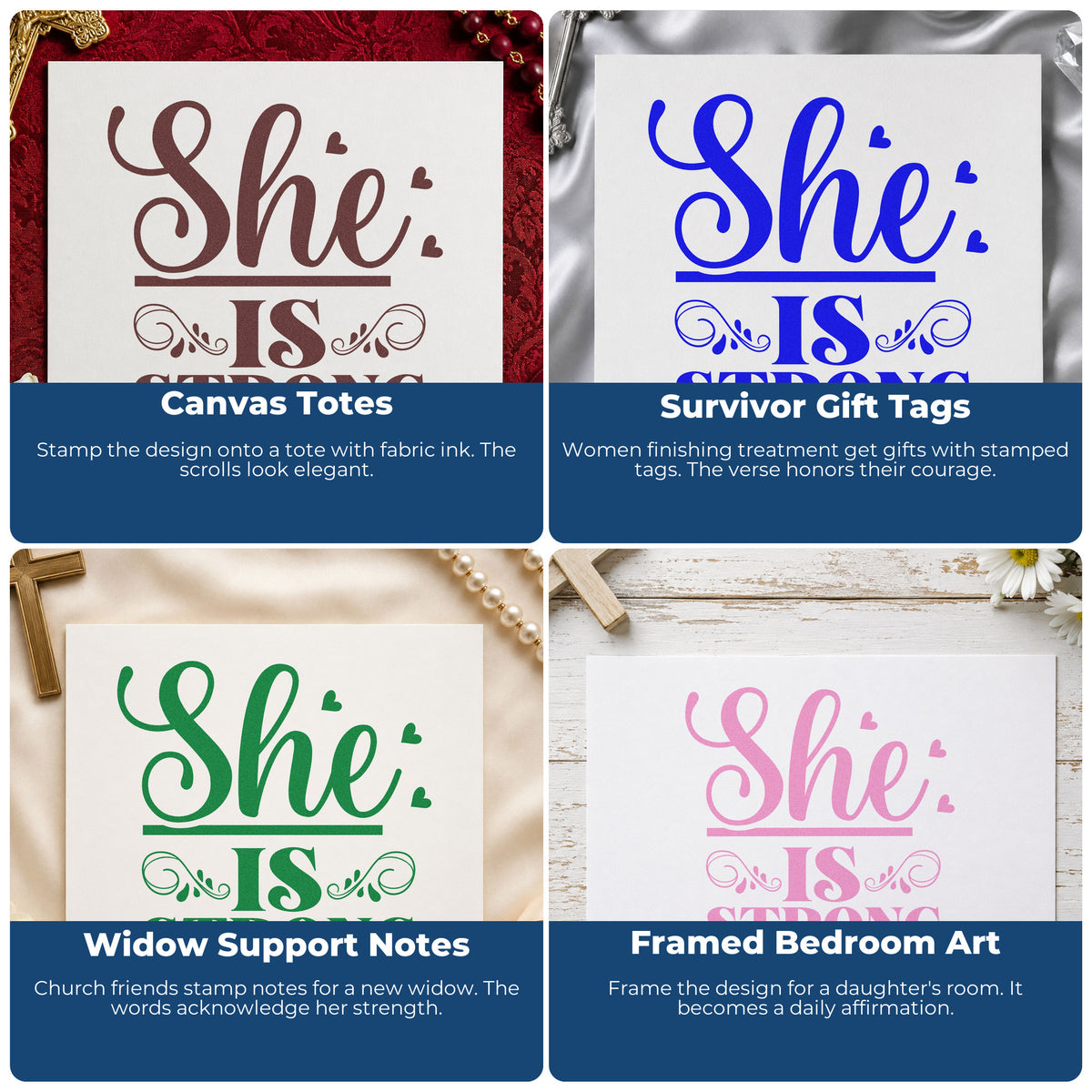 Four ways to use the She Is Strong Ornamental With Hearts Premium Wooden Stamp - Vintage Pro: canvas totes, survivor gift tags, widow support notes and framed bedroom art.
