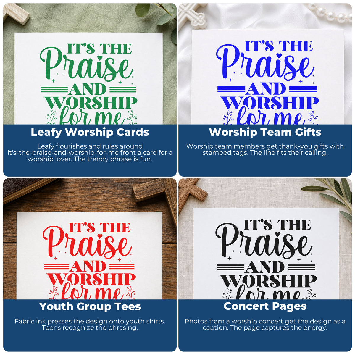 Four ways to use the It's The Praise And Worship For Me Hand Stamp – Duo: leafy worship cards, worship team gifts, youth group tees and concert pages.